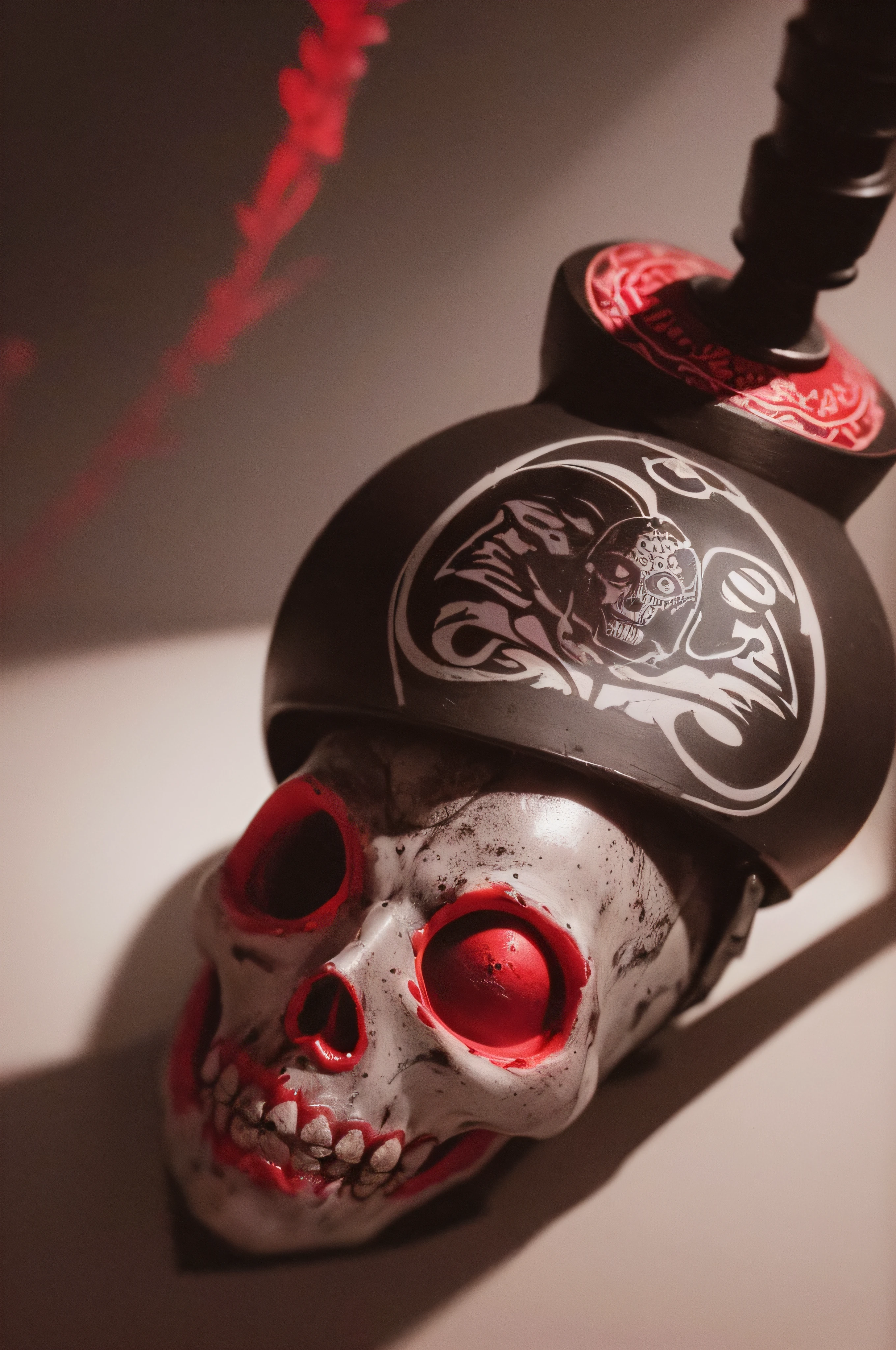 "(The best lighting, oscuro, dramatic),(feto calavera geisha escupiendo tinta roja, Cicatrices, sexy, cerebro, sangre, una rata dentro de la cabeza, terror.),(ojos rojos, calaveras). volumetric light.