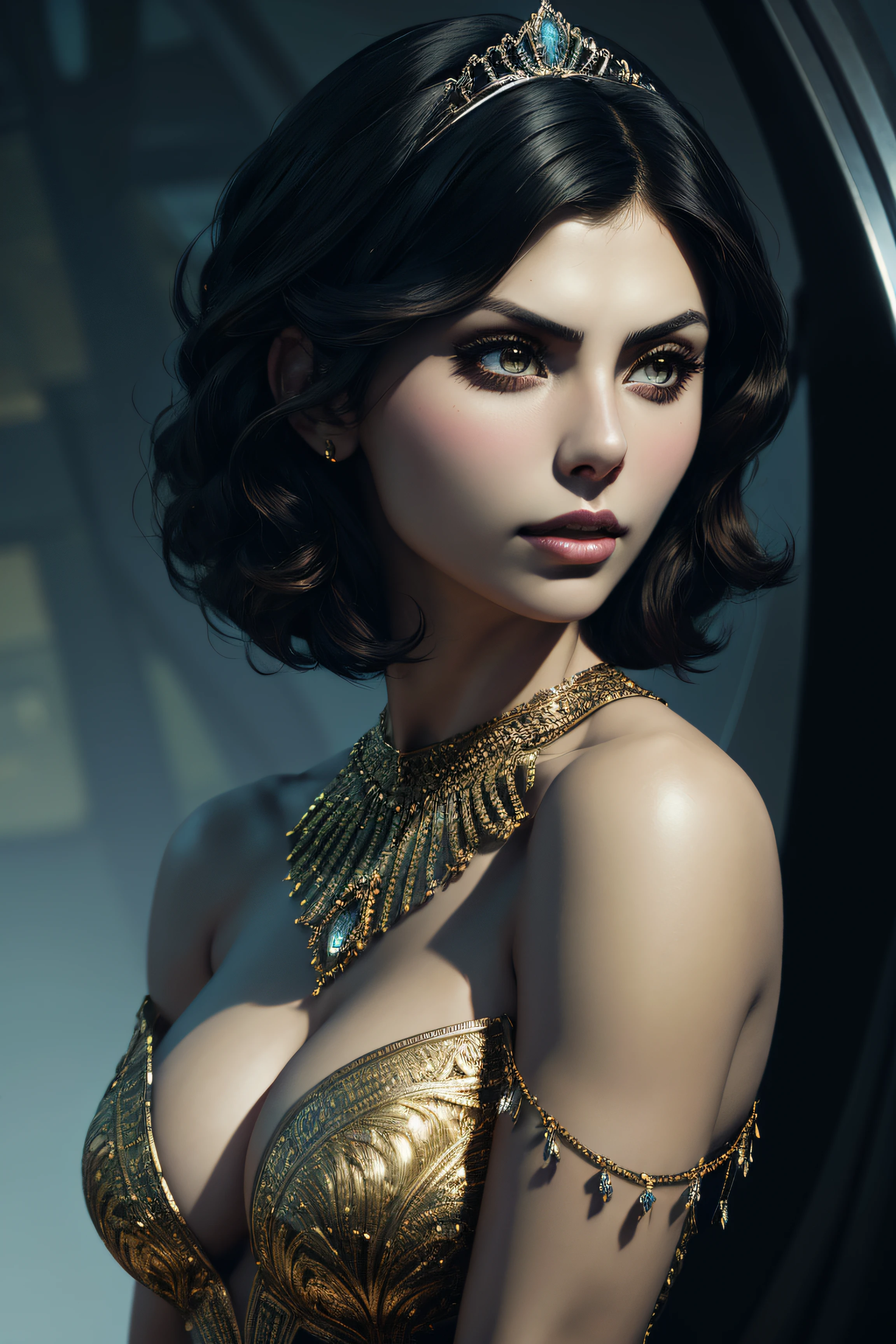 Morena Baccarin, tiara sexy clothes, character portrait, 4 9 9 0 s, short hair, intricate, elegant, highly detailed, digital painting, artstation, concept art, smooth, sharp focus, illustration, art by wlop, charlie bowater and alexandra fomina