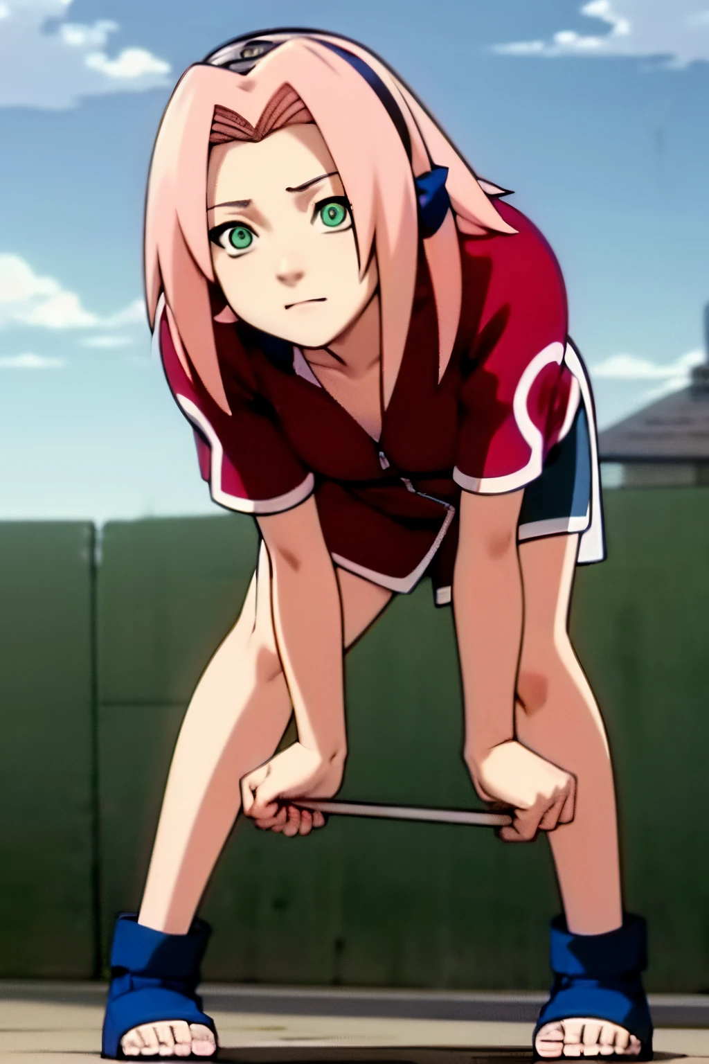 Meisterwerk, best quality, Haruno Sakura, Rosa Haare, Lange Haare, green eyes, Stirnschutz, bending over, blauer Himmel, Wolke,