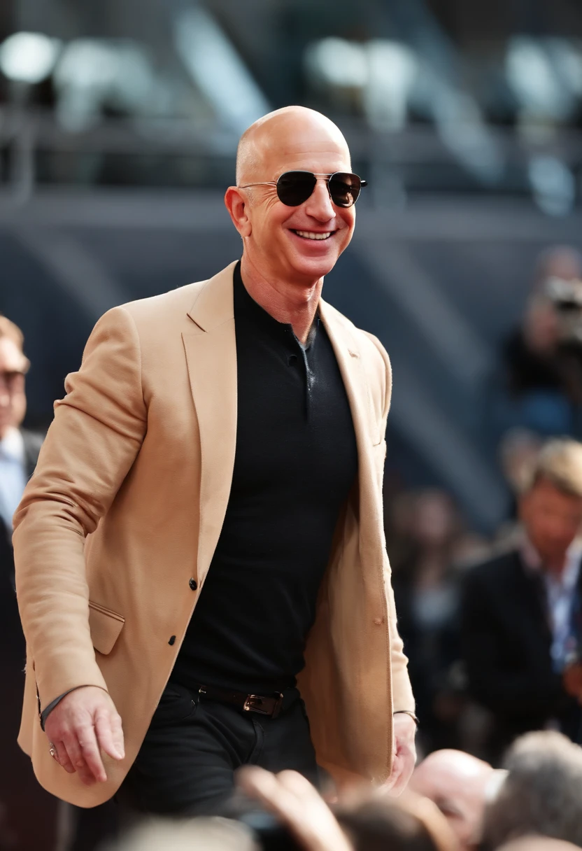 A photo of Bezos at a high-profile fashion show,original,Jeff Bezos, the founder of Amazon, is known for his bald head and often a warm, yet measured smile, presenting a recognizable and influential figure in the tech world. He usually appears in public wearing professional yet relatively understated attire, reflecting his practical approach to business and life. He’s gotten absolutely jacked after taking lots of testosterone and HGH.