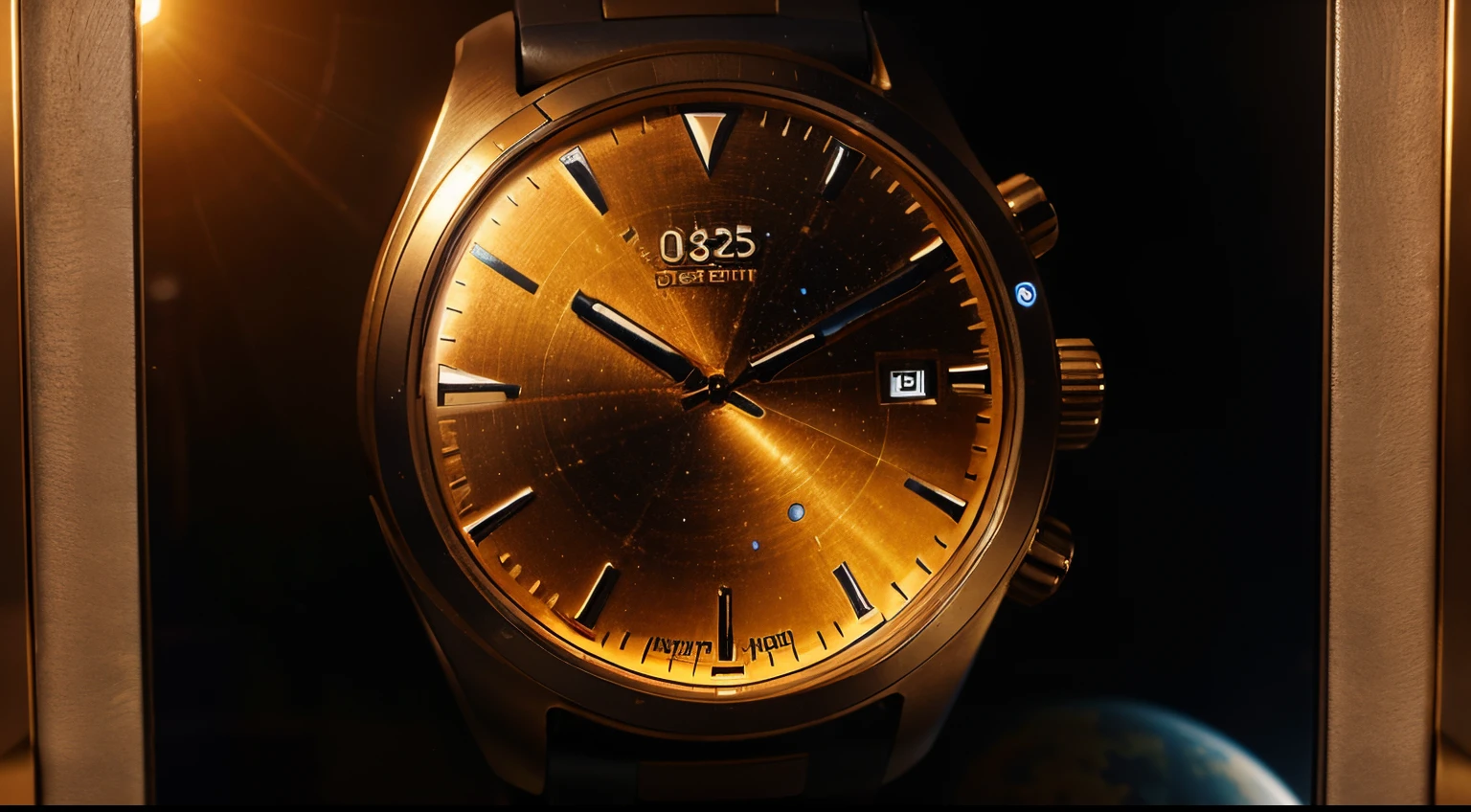 a current, technological, smartwatch-style watch, with a planetary background, reminiscent of space, with an orange hue, realistic, commercial photo, framed photo, with the main focus on the watch[