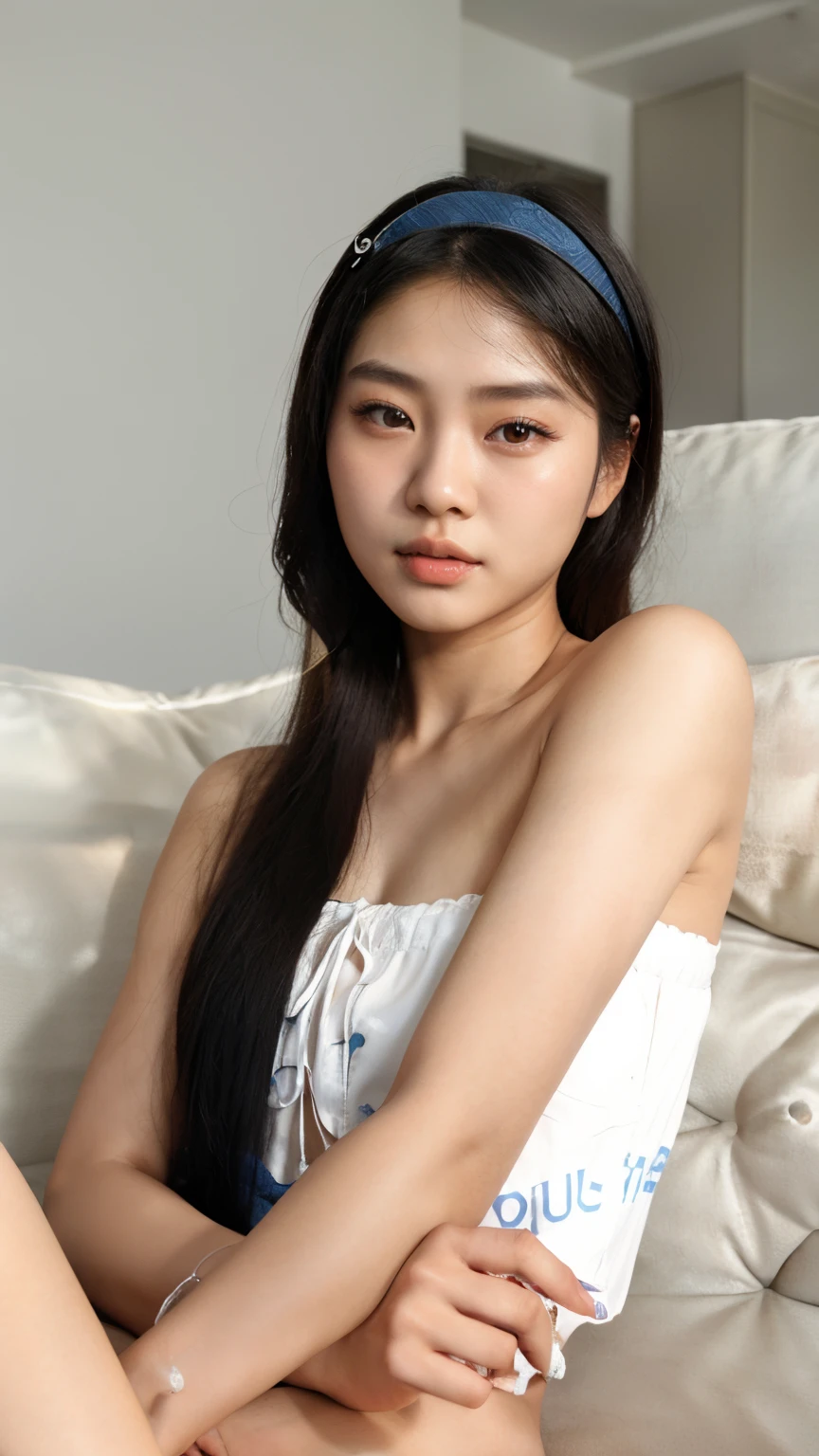 araffe woman sitting on a sofa with a blue bandana, coreana, Mulher sul-coreana bonita, linda mulher coreana jovem, Beautiful Asian girl, mulher coreana jovem bonita, Realistic. Cheng Yi, Asian girl, dilraba dilmurat, com rabo-de-porco preto, gorgeous chinese model, Ulzzang, foto de modelo de menina Mulher coreana, adolescente hiperrealista