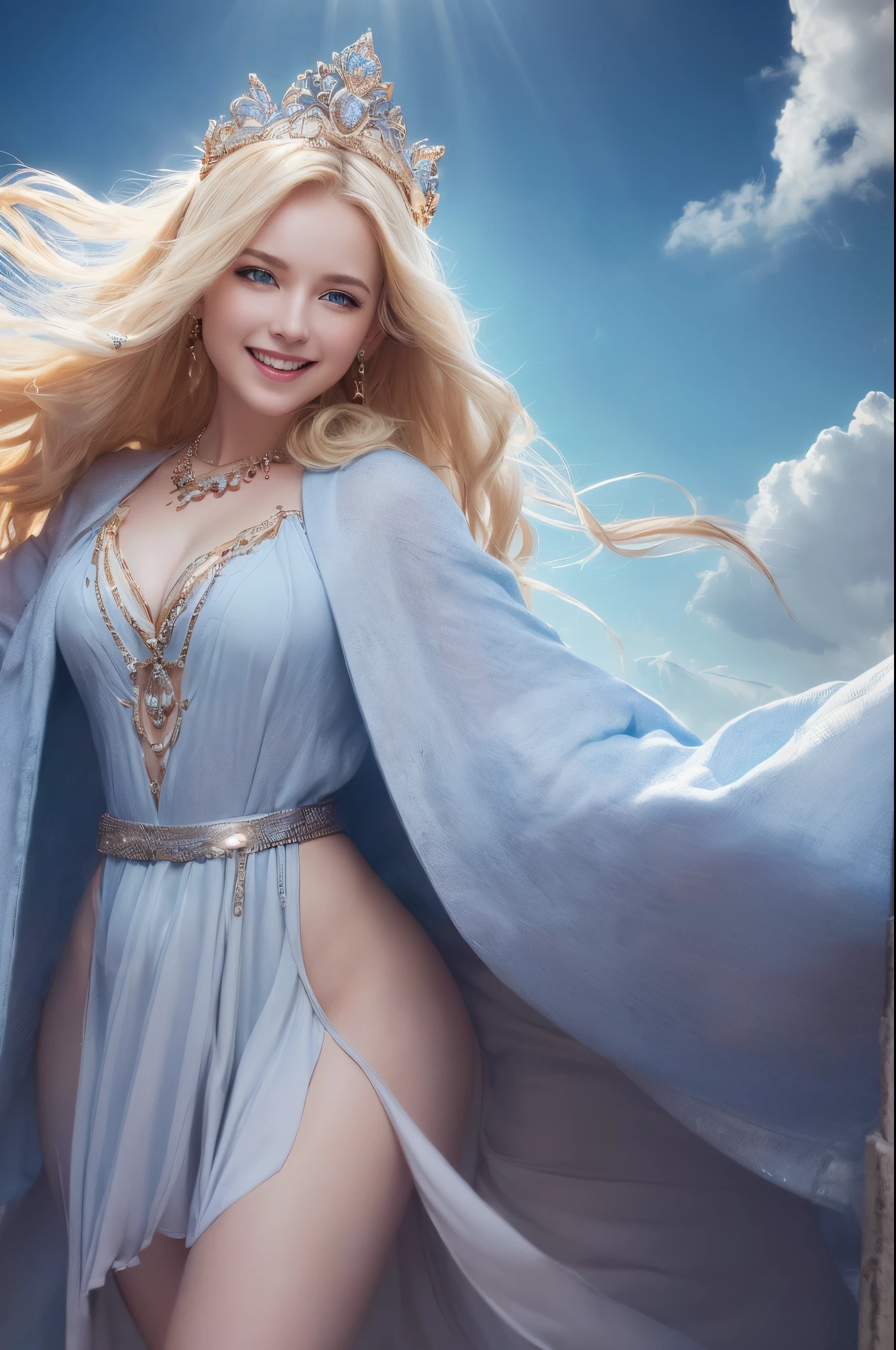 Young goddess, (Her clothes are all flipping up by extremely strong wind:1.4), (wearing robe, tiara, necklace, blonde hair, blue eyes), (background random great nature), (laughing, big smiling), ((dramatic lighting:1.3), surrealism, god rays), ((masterpiece, 8K highest resolution)), wide view