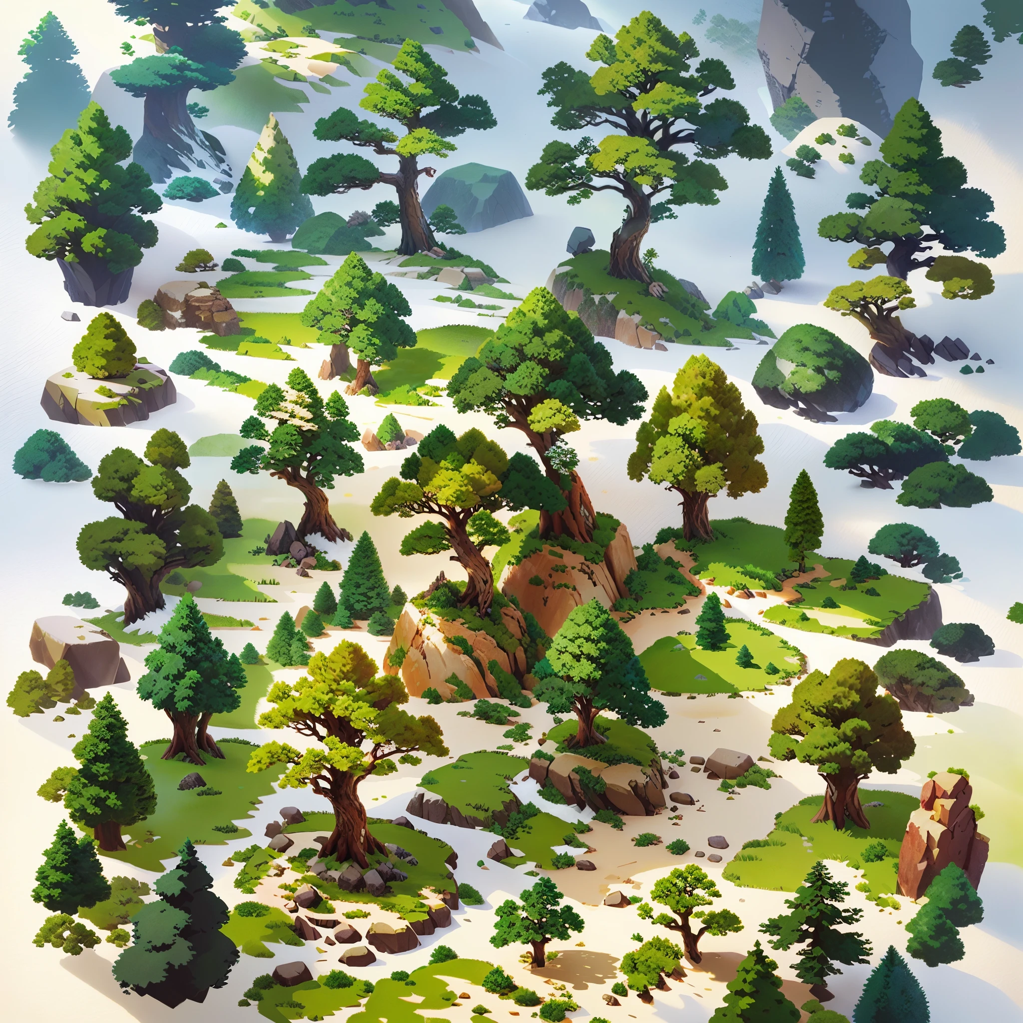 a group of trees and rocks in anime style, Detailed trees and cliffs, ultra detailed trees, Detailed trees, Pre-rendered isometric graphics, Isometric game asset, Arte de alta calidad, Isometric game art 2.5D, Bosque detallado, Isometric environment, Pine symbols, trees and pines everywhere, Accessories containing trees, 2D isometric game art grass texture