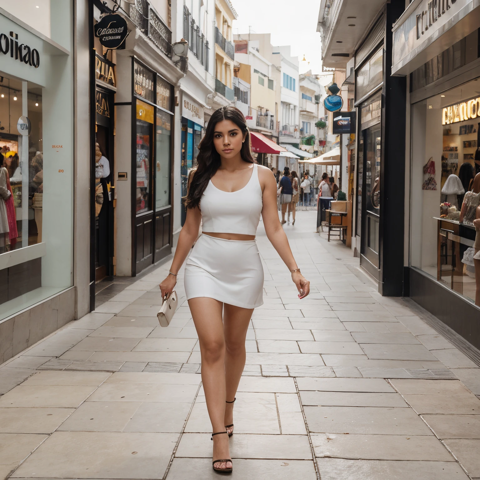 Realista,8k ,Mujer bonita de piel blanca ,cabello negro suelto ,cuerpo proporcionado , rasgos peruanos, cara delicada,paseando por un centro comercial de dia,vista panoramica,fotografia panoramica,ropa formal.