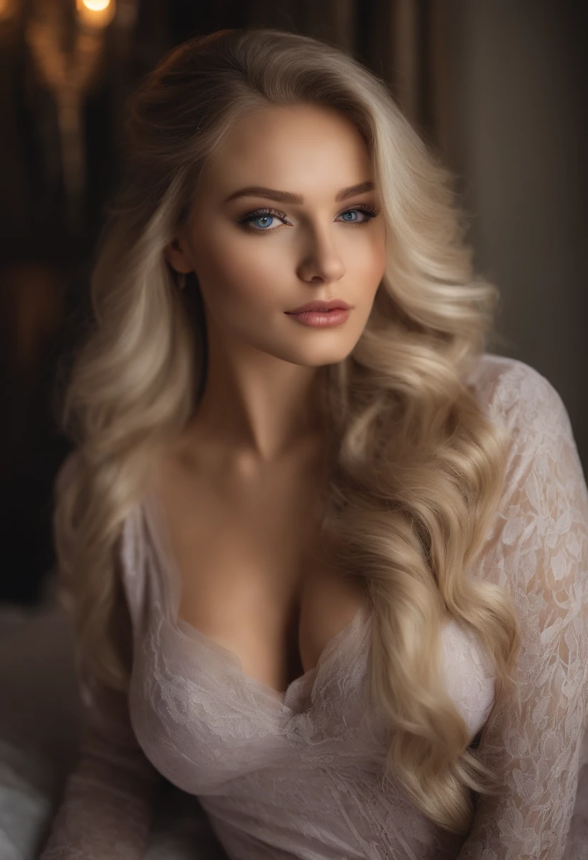 arafed frau voll , Sexy girl with blue eyes, ultra realistisch, Akribisch detailliert, portrait sophie mudd, blonde hair and large eyes, Selfie einer jungen Frau, Augen im Schlafzimmer, Violet Myers, ohne Make-up, Natural makeup, Blick direkt in die Kamera, Gesicht mit Artgram, dezentes Make-up, Stunning full body shot, die auf dem Bett kniet, im Schlafzimmer, large bust