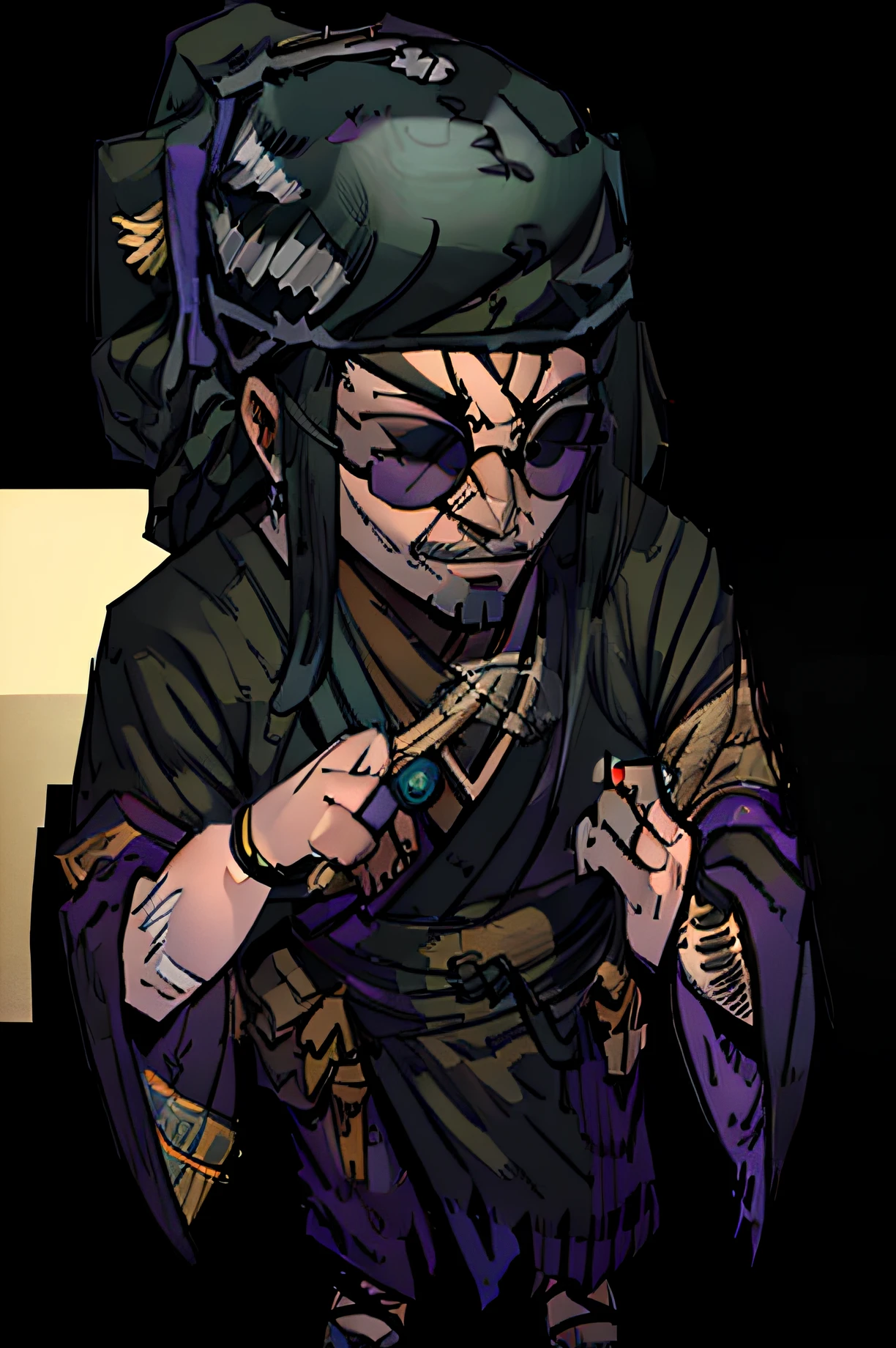 (black long hair,full body kimono, mexican bandana on head, sunglasses and purple nais),oil painting,handsome detailed face,well-fitted suit,confident posture,expensive leather shoes,stylish accessories,downtown cityscape background,vibrant colors,soft lighting,high-resolution,photorealistic,bokeh