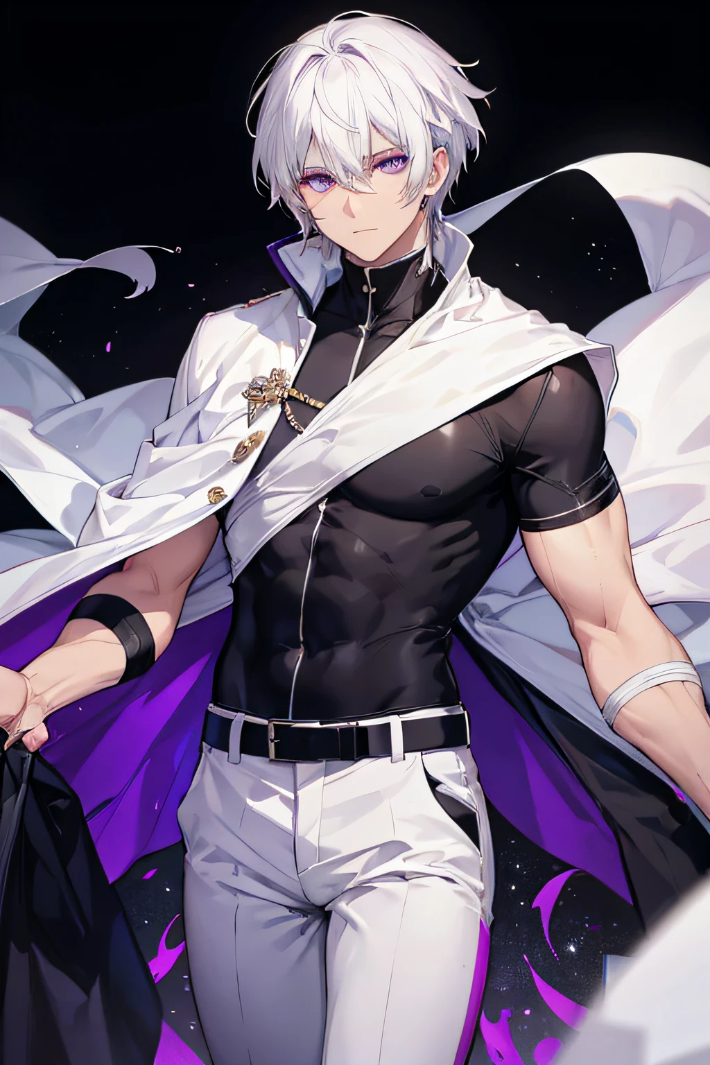 homem com cabelos brancos, Purple eyes, camisa preta esportiva, big white pants, capa branca com detalhes pretos