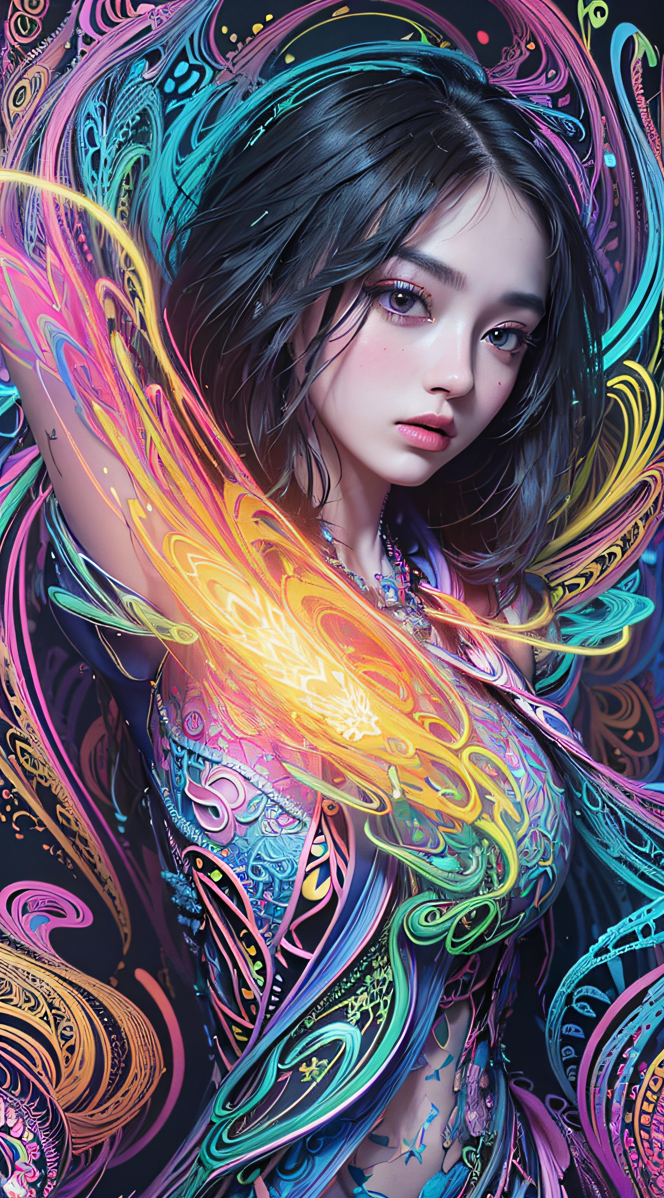 (masterpiece, top quality, best quality, official art, beautiful and aesthetic:1.2), (1girl:1.3), extremely detailed,(fractal art:1.2),colorful,highest detailed,( zentangle neon:1.2), (dynamic pose), (abstract background neon:1.5), (treditional dress:1.2), (shiny skin), (many colors:1.4), upper body ,Neon,16K,Full HD