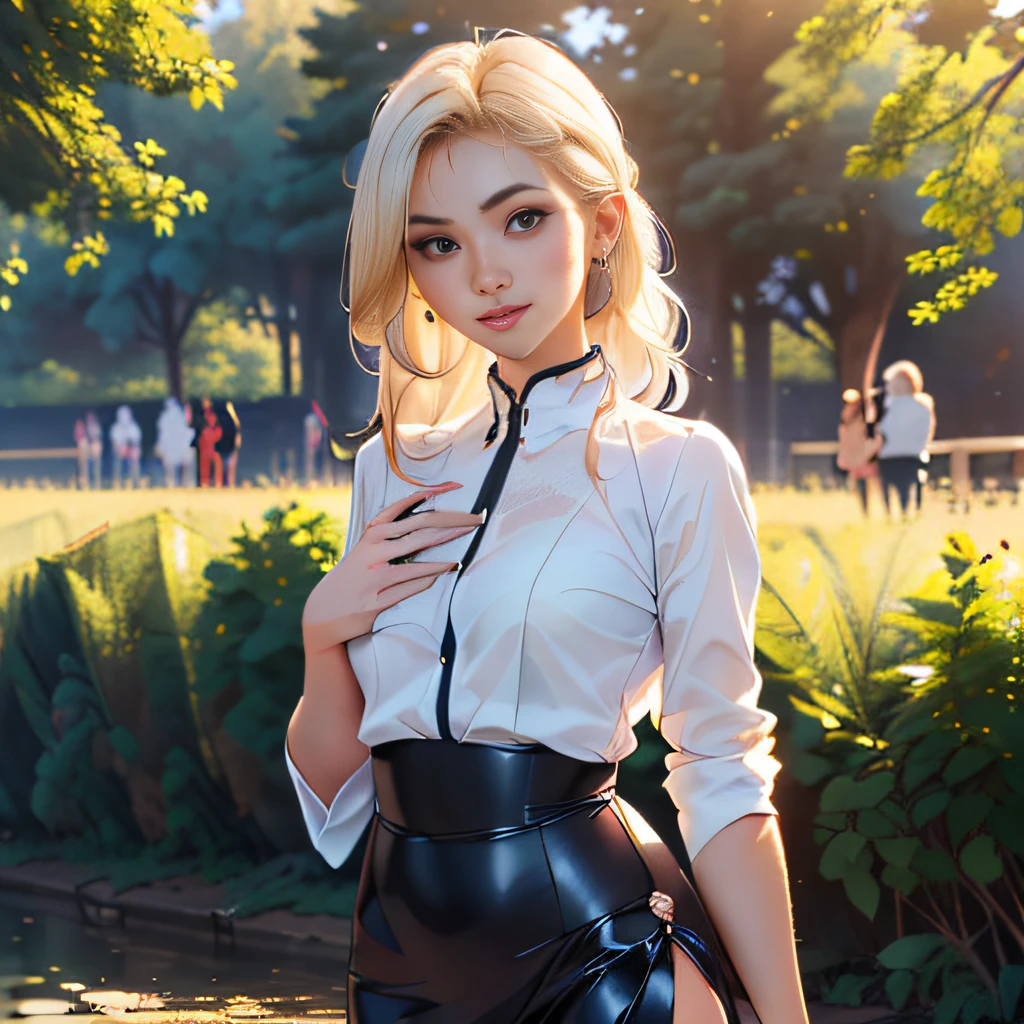 sfw, (Extremely detailed 8k wallpaper:2), (photo:2), (soigne Beautiful girl:2), (gives a lecture to friends:2), detailed (Face and eyes), (hyper realistic:1), (highly detailed:1), (epic realistic:1), rim light, (maximum details:1), cozy, (fullbody:1.3), (looking at viewer:2), (Woman's Attractive Qualities:2), (Attractive Woman:2), (Attractive:2), Smile, Intelligence, Empathy, Gracefulness, Sense of Style, Fitness, Grooming, Optimism, (Sensitivity:2), Sincerity, Romantic Gestures, Playfulness, Fashion Sense, (Sensuality:2), Charm, Modesty, Thoughtfulness, (Femininity:1), Flirtatiousness, Warmth, (Physical attractiveness:2), A beautiful smile, A love of life, strength and power, vulnerability, curiosity, wonder, love, (nature background:2), kawaii, waifu, Beautiful breasts, (attractive body:2), (Beautiful body:2), Beautiful pose, attractive pose, (Beautiful legs:1.0), (spread legs:1.0), (Beautiful clothes:1), (classic clothes:2), (elegant clothes:2), (European clothes:2), detailed clothes, (skirt:1), (blouse:1), (provocative pose)