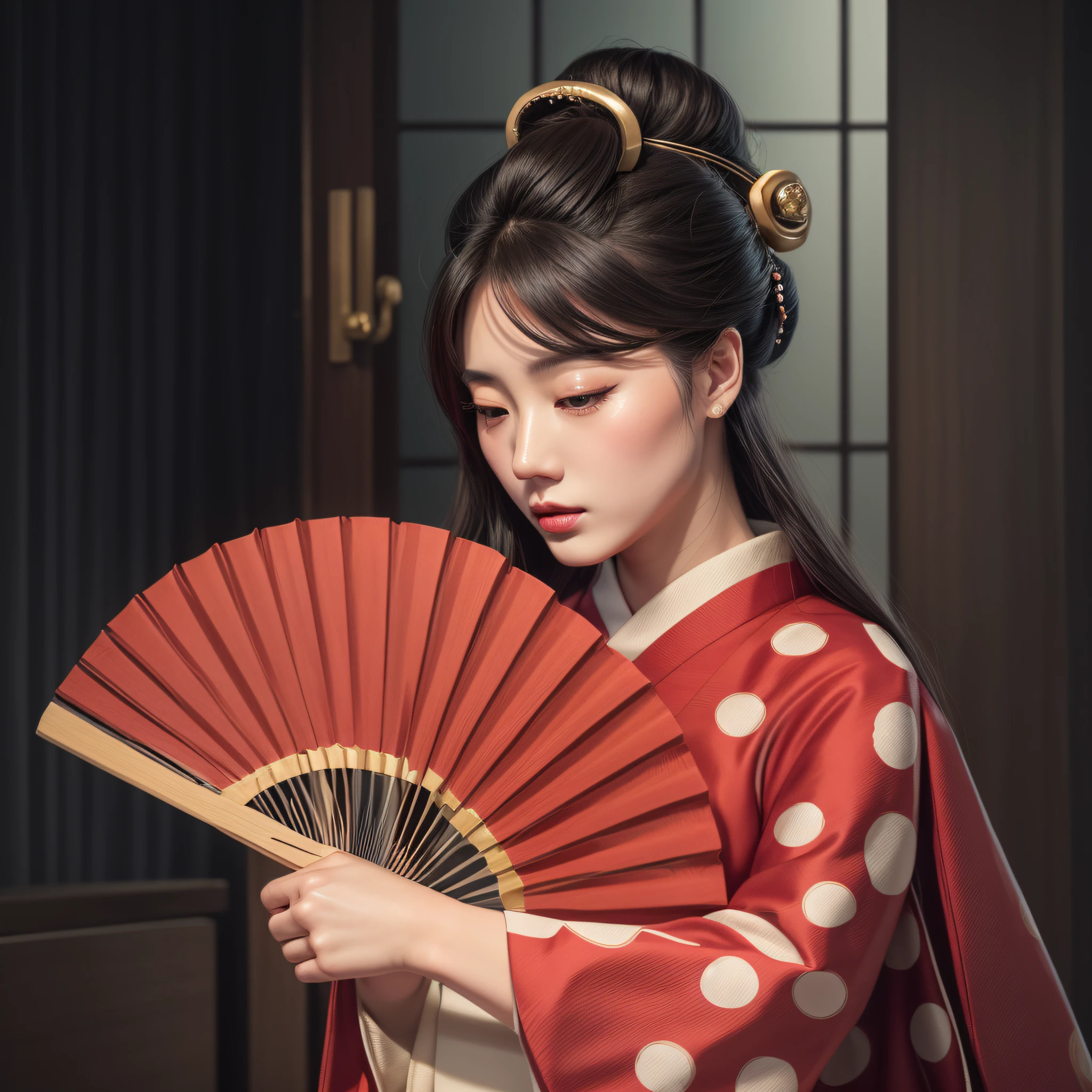 there is a woman in a kimono holding a fan, portrait of a beautiful geisha, a beautiful artwork realistic illustration, beautiful realistic digital artwork, portrait of geisha, beauty geisha, female geisha girl, exquisite realistic digital illustration, portrait of a geisha, stunning  realistic digital illustration, japanese geisha, beautiful realistic digital illustration, korean woman, elegant japanese woman