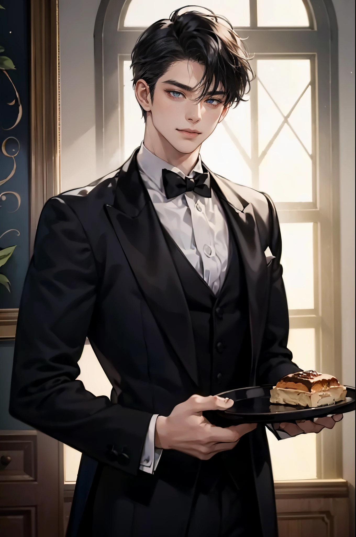 1 boy, young male, Perfect male figure, facing at camera, (chamberlain,Black Tailcoat, ssmile, Tray in hand),color difference, depth of fields, Dramatic shadows, Ray traching, Best quality at best, 电影灯光, extremely detremely detailed CG, 8k wallpaper,