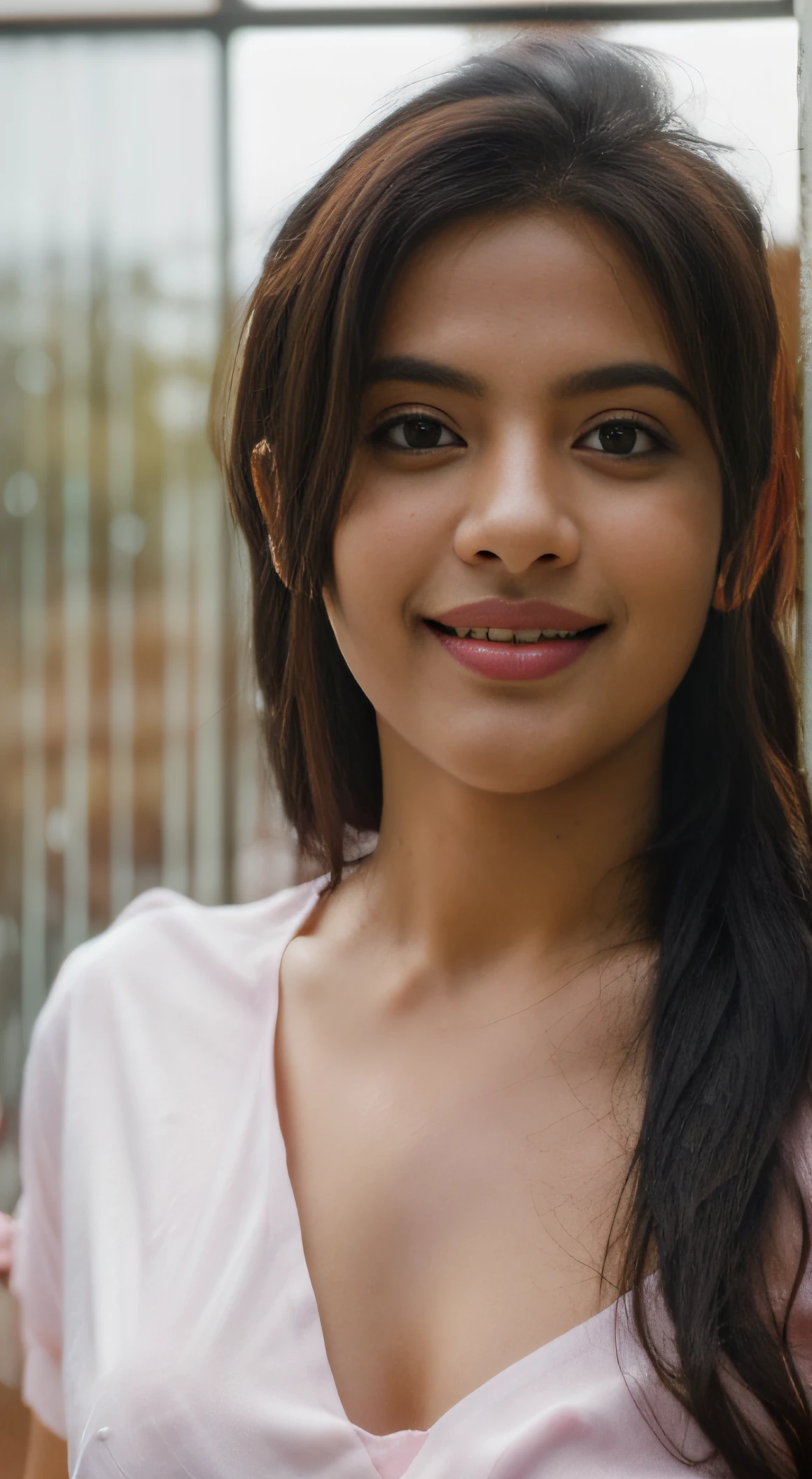 Day scene, close up photo of a Latina-indian from top view, posing under rain, (wearing tshirt and skirts with wet seductive breasts) , look at viewer and smile, (cinematic:1.3), intricate details, (ArtStation:1.2)