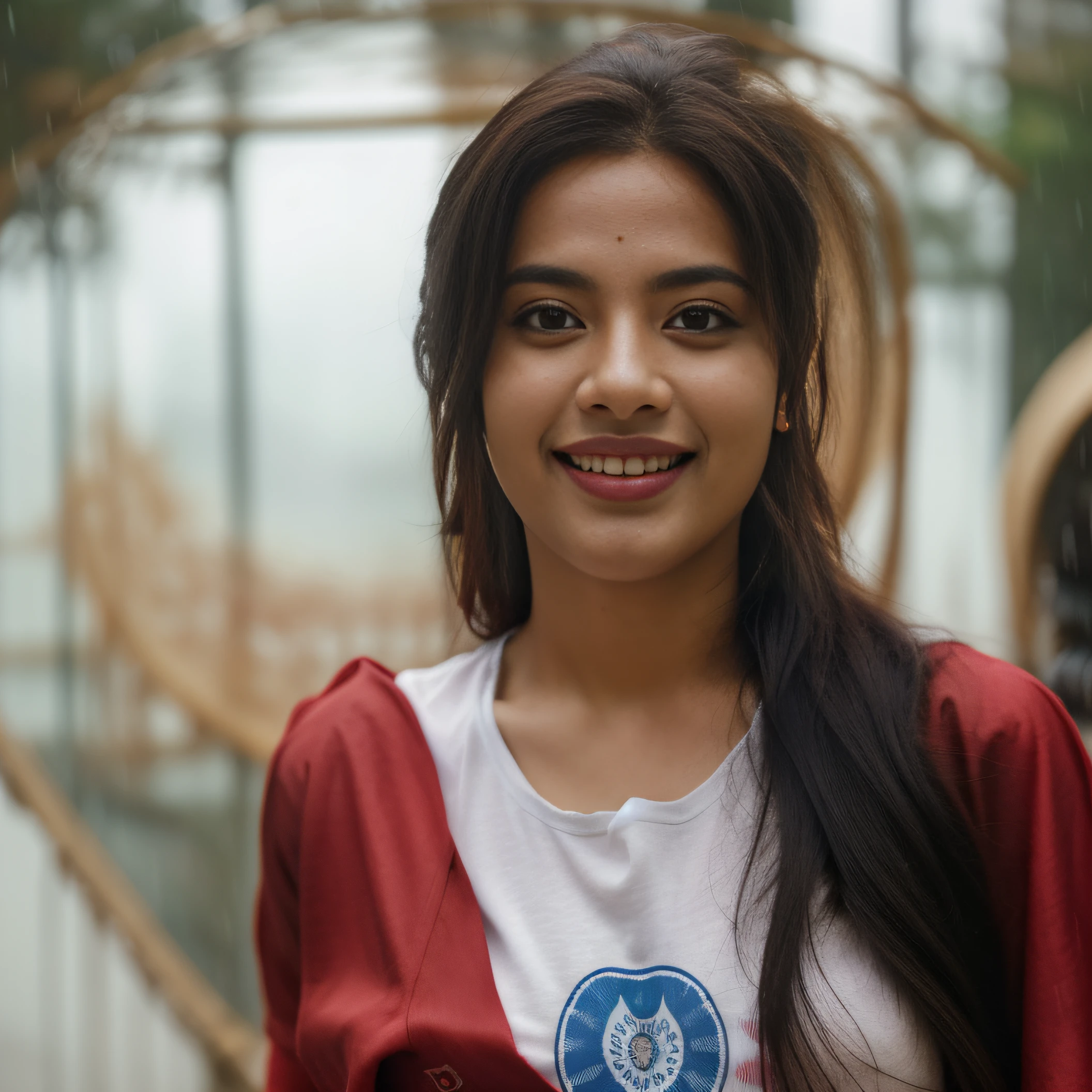 Day scene, close up photo of a Latina-indian from top view, posing under rain, (wearing tshirt and skirts with wet seductive breasts) , look at viewer and smile, (cinematic:1.3), intricate details, (ArtStation:1.2)