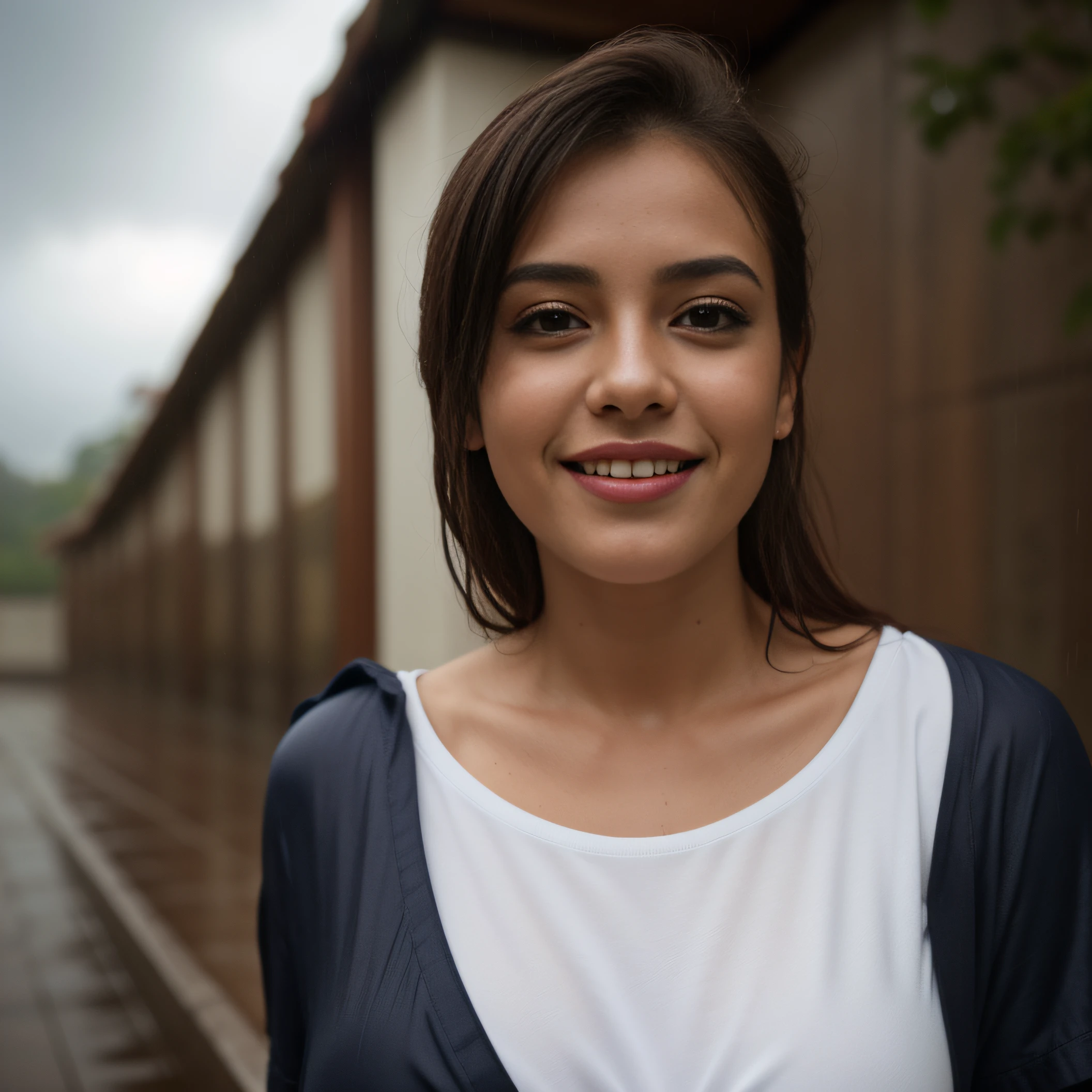 Day scene, close up photo of a latina from top view, posing under rain, (wearing tshirt and skirts with wet seductive breasts) , look at viewer and smile, (cinematic:1.3), intricate details, (ArtStation:1.2)