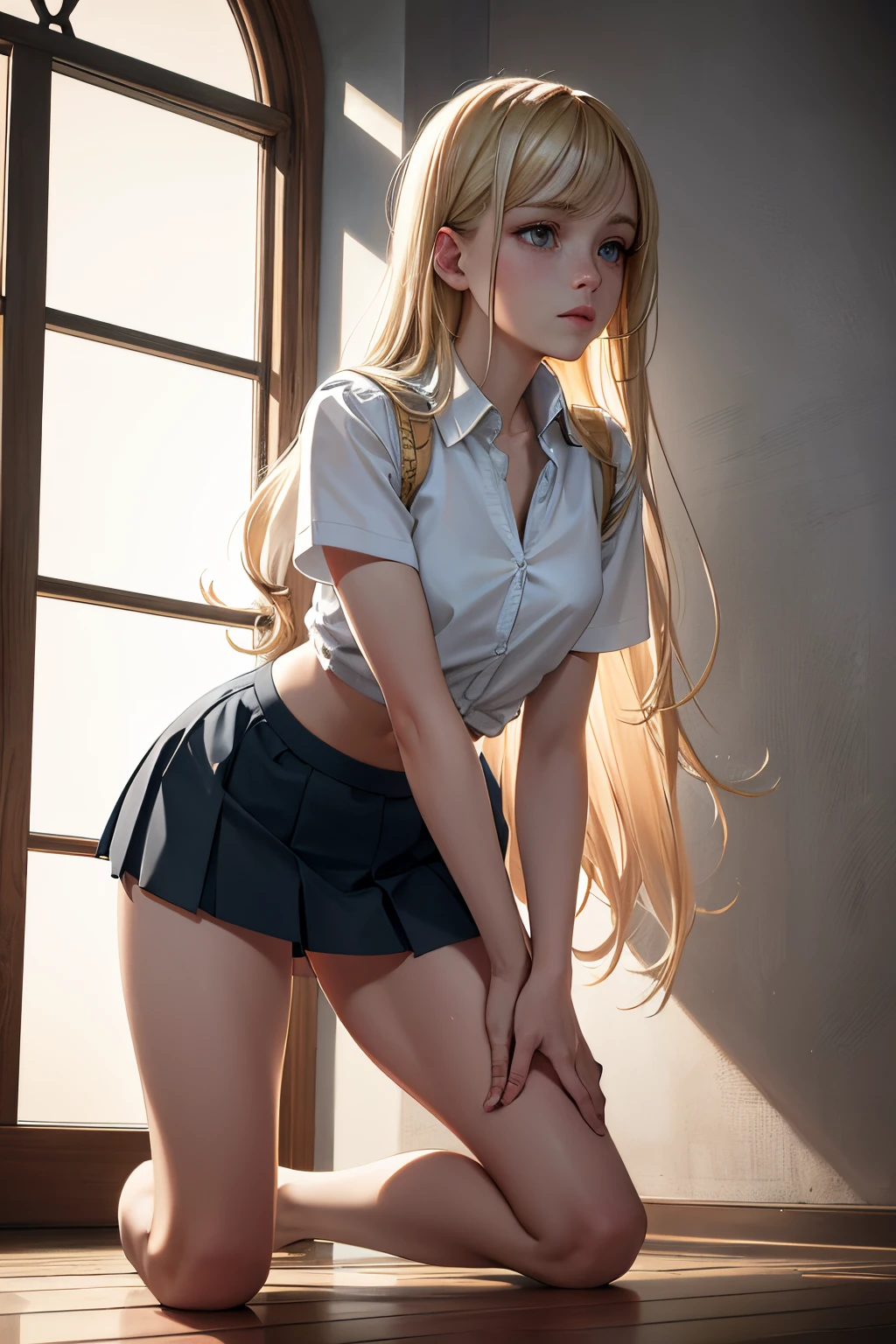 close up 1girl in, teenager, Solo, Aesthetic artwork, blond, straight blonde hair, super long blonde hair, light blue eyes, some small freckles, pale skin, small breasts, runners body, (thin hips, thin waist: 1.25), detailed skin, shy smile, (full body: 1.1), (action shot kneeling: 1.25), wearing a short sleeve button down white blouse, Buttons are undone and open, short pink pleated skirt, school girl uniform,24mm, 4k textures, soft cinematic light, RAW photo, photorealism, photorealistic, intricate, elegant, highly detailed, sharp focus, ((((cinematic look)))), soothing tones, insane details, intricate details, hyperdetailed, low contrast, soft cinematic light, dim colors, exposure blend, hdr, faded