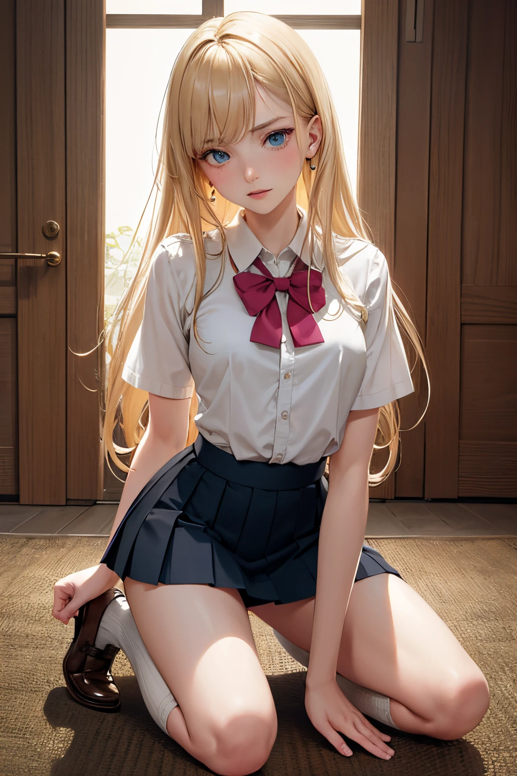 close up 1girl in, ager, Solo, Aesthetic artwork, blond, straight blonde hair, super long blonde hair, light blue eyes, some small freckles, pale skin, small breasts, runners body, (thin hips, thin waist: 1.25), detailed skin, shy smile, (full body: 1.1), (action shot kneeling: 1.25), wearing a short sleeve button down white blouse, Buttons are undone and open, short pink pleated skirt, school girl uniform,24mm, 4k textures, soft cinematic light, RAW photo, photorealism, photorealistic, intricate, elegant, highly detailed, sharp focus, ((((cinematic look)))), soothing tones, insane details, intricate details, hyperdetailed, low contrast, soft cinematic light, dim colors, exposure blend, hdr, faded
