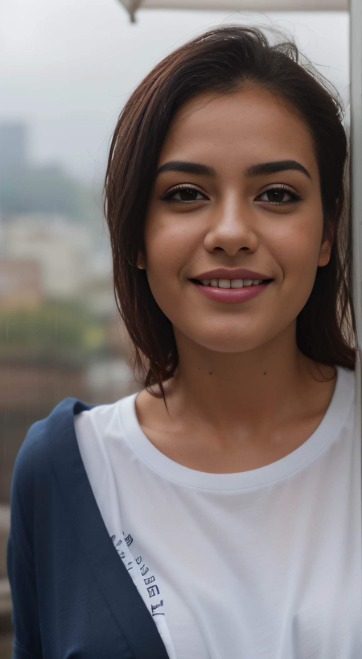 Day scene, close up photo of a latina from top view, posing under rain, (wearing tshirt and skirts with wet seductive breasts) , look at viewer and smile, (cinematic:1.3), intricate details, (ArtStation:1.2)