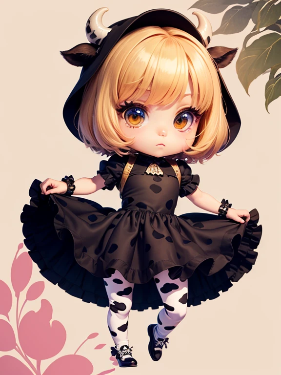 obra prima、qualidade superior、ultra-detalhada、(Chibi Chara:1.2)、solo、Bob Preto、Boina com estampa de leopardo、Vestido com estampa de zebra、Cow print tights、Sapatos Dot Pattern、Monet Flores Wallpaper