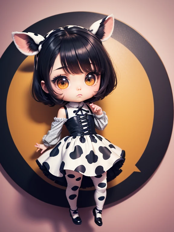 masterpiece、top-quality、ultra-detailliert、(Chibi Chara's Daughter:1.2),cow ears、(cow pattern cosplay:1.3)、(cow pattern earrings:1.3),Standing,a smile,(cow print boots:1.2),Fairytale Forest
