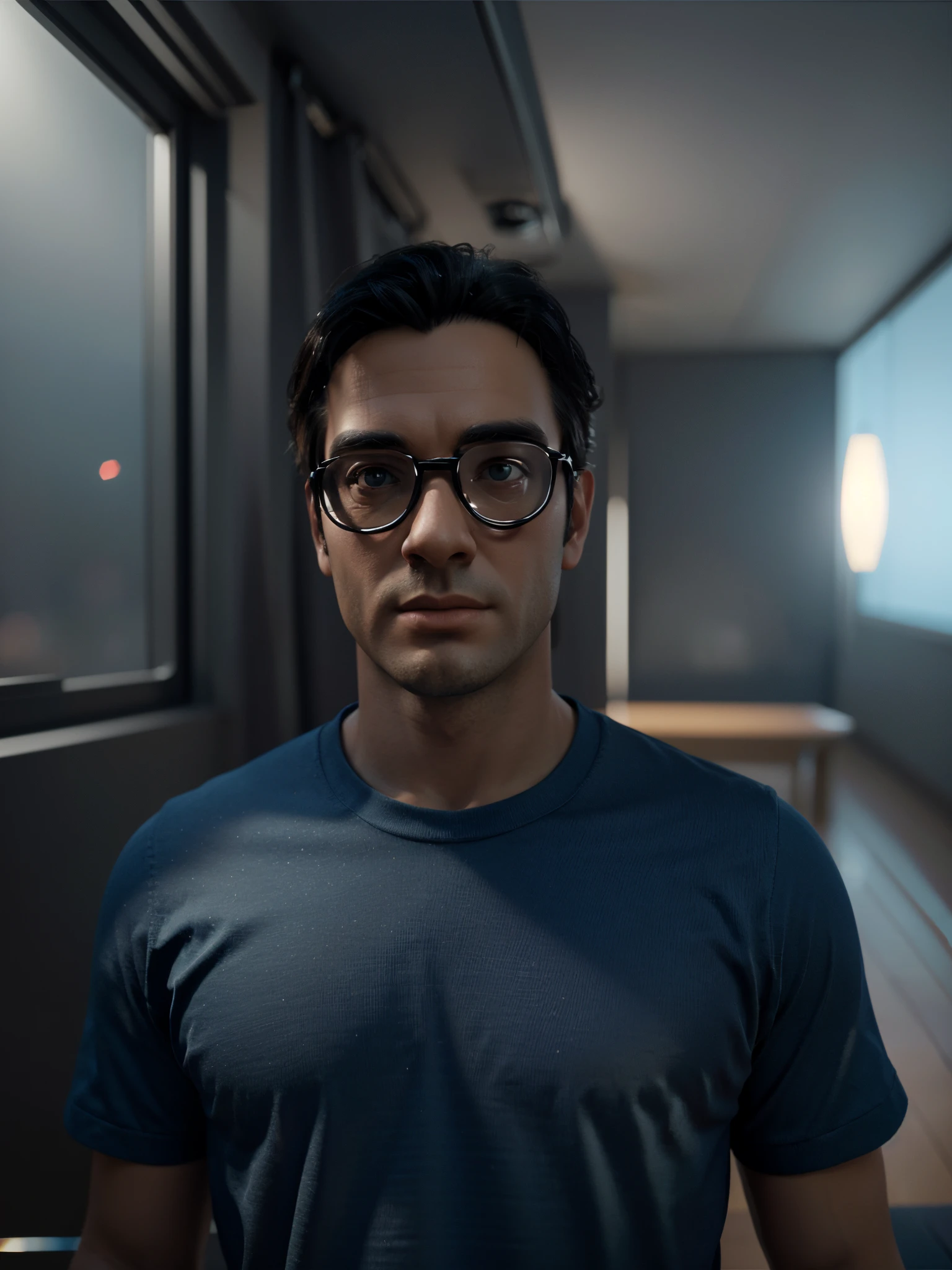 Cartoon character of a man wearing black glasses and a blue shirt, animation character, Caractere estilizado, Rendering Animation Styles, 3D estilizado, Arnold Maya render, 3D render estilizado, Toon renderizar keyshot, Personagem 3D, Personagem 3D, 3d rendering stylized, 3 d character render, Personagem de desenho animado, Personagem de close-up, Pose do personagem, (Estilo Pixar) (Obra prima:1.2) (Bokeh) (melhor qualidade) (Pele detalhada) (Textura detalhada) (8k) (argila) (Cinematic lighting) (foco nítido