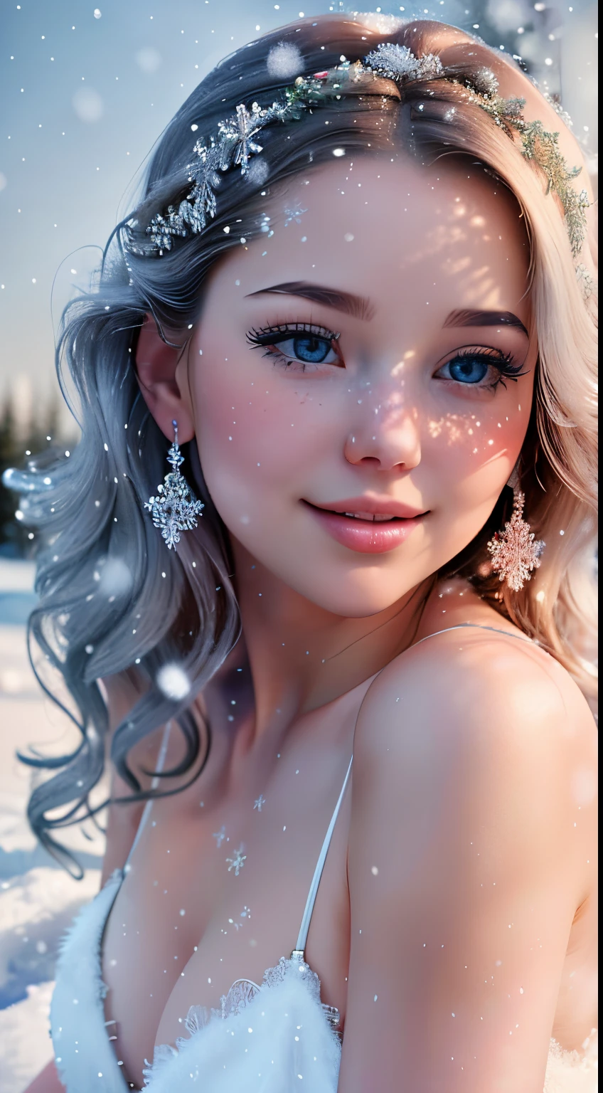 (best quality,4k,8k,highres,masterpiece:1.2),ultra-detailed,(realistic,photorealistic,photo-realistic:1.37),soft lighting,warm color tones,(sparkling snow,soft snowflakes),charming smile,long eyelashes,Caucasian beauty,natural makeup,lace lingerie,pastel colors,icy breath,vivid blue eyes,fair complexion,rosy cheeks,soft wavy hair,playful pose,snow-covered background,delicate lace details,subtle blush,sublime beauty,alluring glance,captivating curves,angelic features,feminine charm,alluring winter goddess,sensual allure,snowflake earrings,glowing skin,innocent beauty,winter wonderland,pure elegance,dreamy atmosphere,subtle sensuality,luxurious fabric breathtaking ambiance.