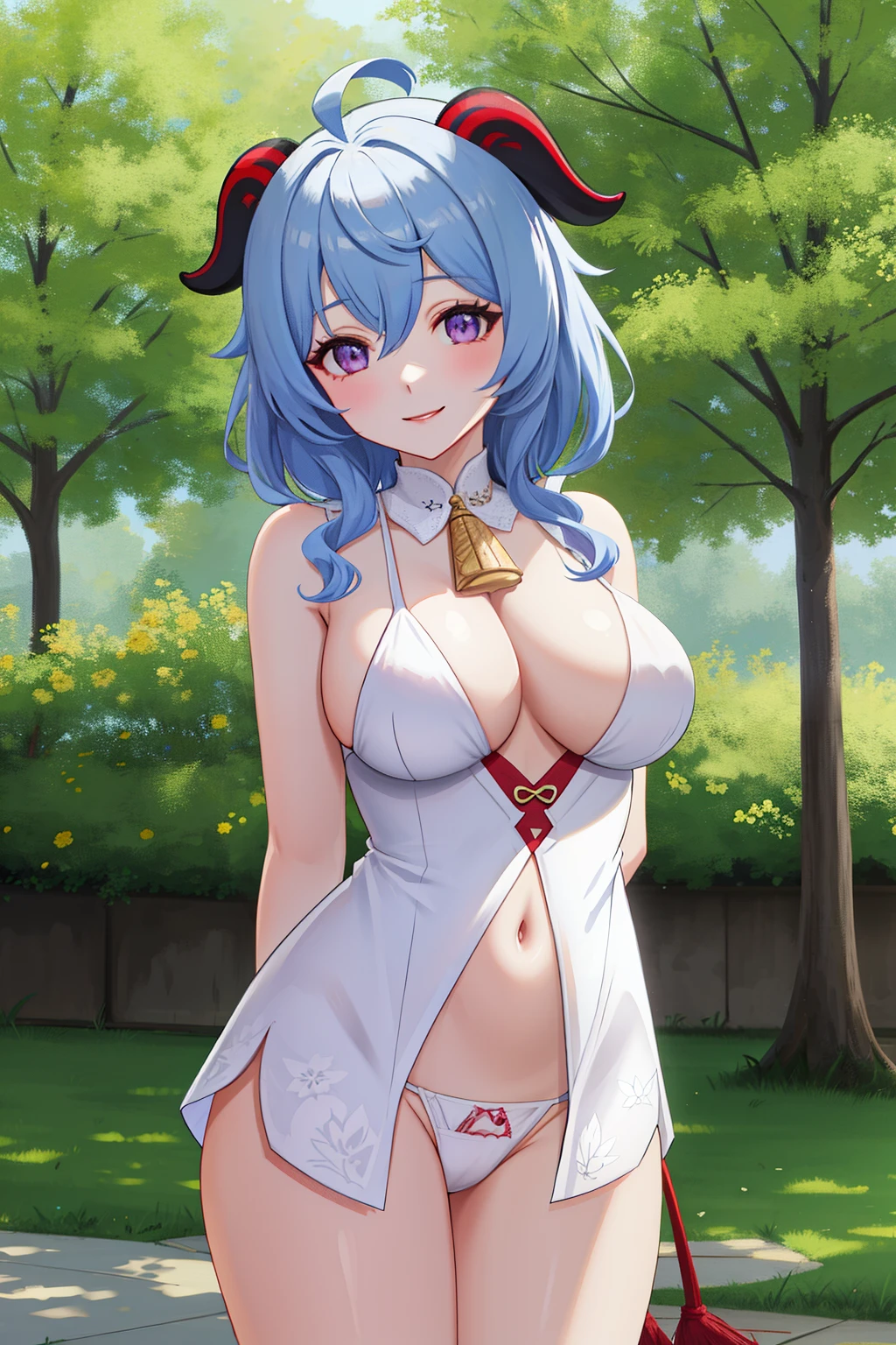 ganyu_genshin, 1 girl,(smile), (upper body:1.2), (standing),solo,(1 girl in the photo:1.5),(alone:1.5),(looking at viewer:1.4),(arms behind back:1.5),(cow horn head ornament),blue hair,beautiful detailed purple eyes,(huge naked breasts with nipples),sexy, porn, (white thong:1.5),(bare arms:1.5),(bare legs:1.5),white high heels,(from below:1.2),outdoors,park,lawn,station,flowers,