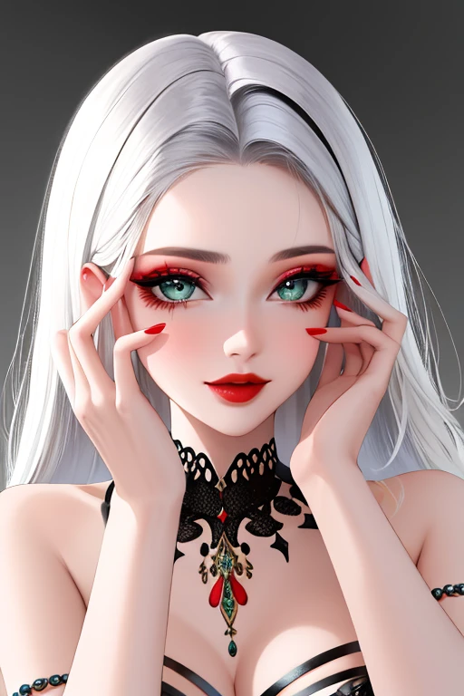 1girl, sozinho, cabelos longos, Olhando para o Viewer, sorrir, olhos azuis, ornamento de cabelo, fundo branco, jewelries, cabelos brancos, boca fechada, franja contundente, nail polish, pulseira, lips, Olhos verdes, retrato, unhas vermelhas, Close-up, red lips, hands on own face, hands on their own cheeks,(Mature female),(pele brilhante),((corpo fumegante))seminua)