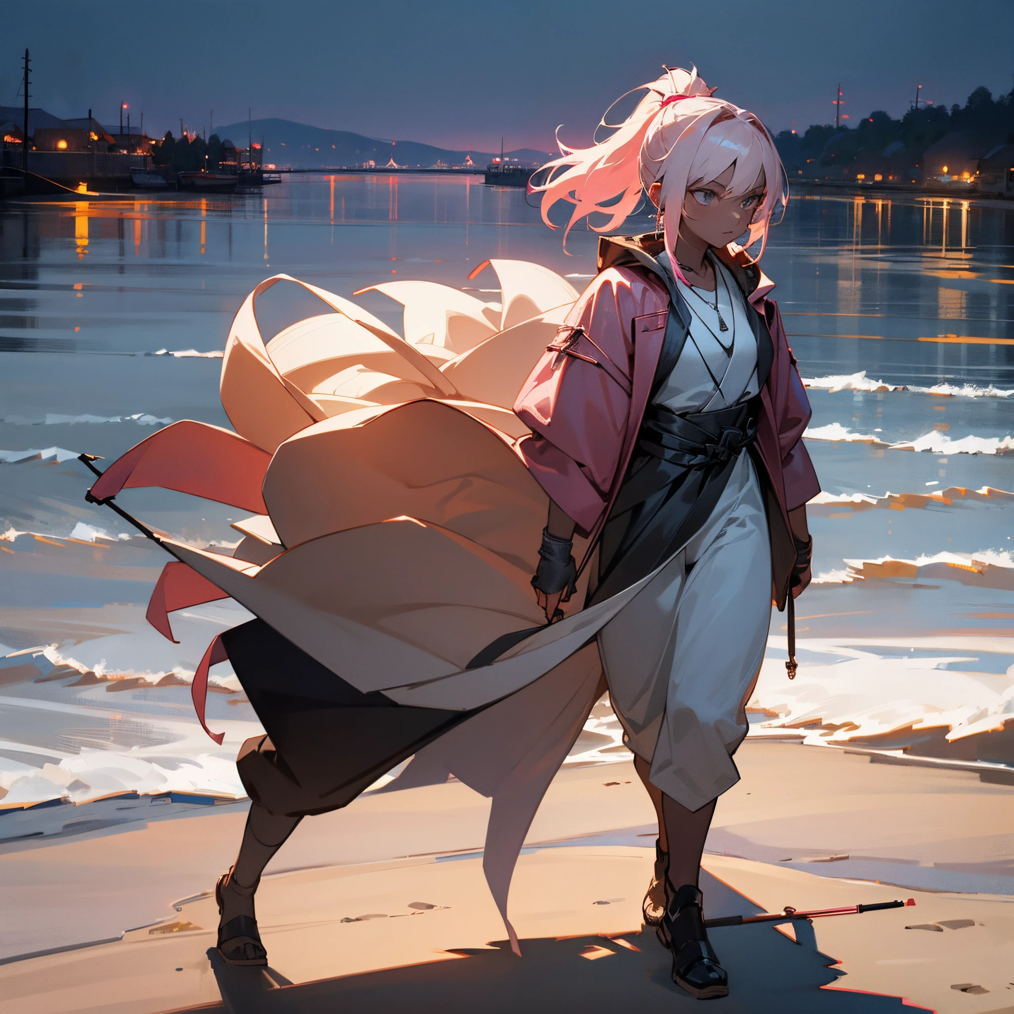 1female, teen, dark skin, pale blonde low ponytail with pink highlights, finely detailed grey eyes, loose ronin clothes, jacket with oversized fur hood, necklace, best lighting and shadows, night time fishing village, walking down a path,