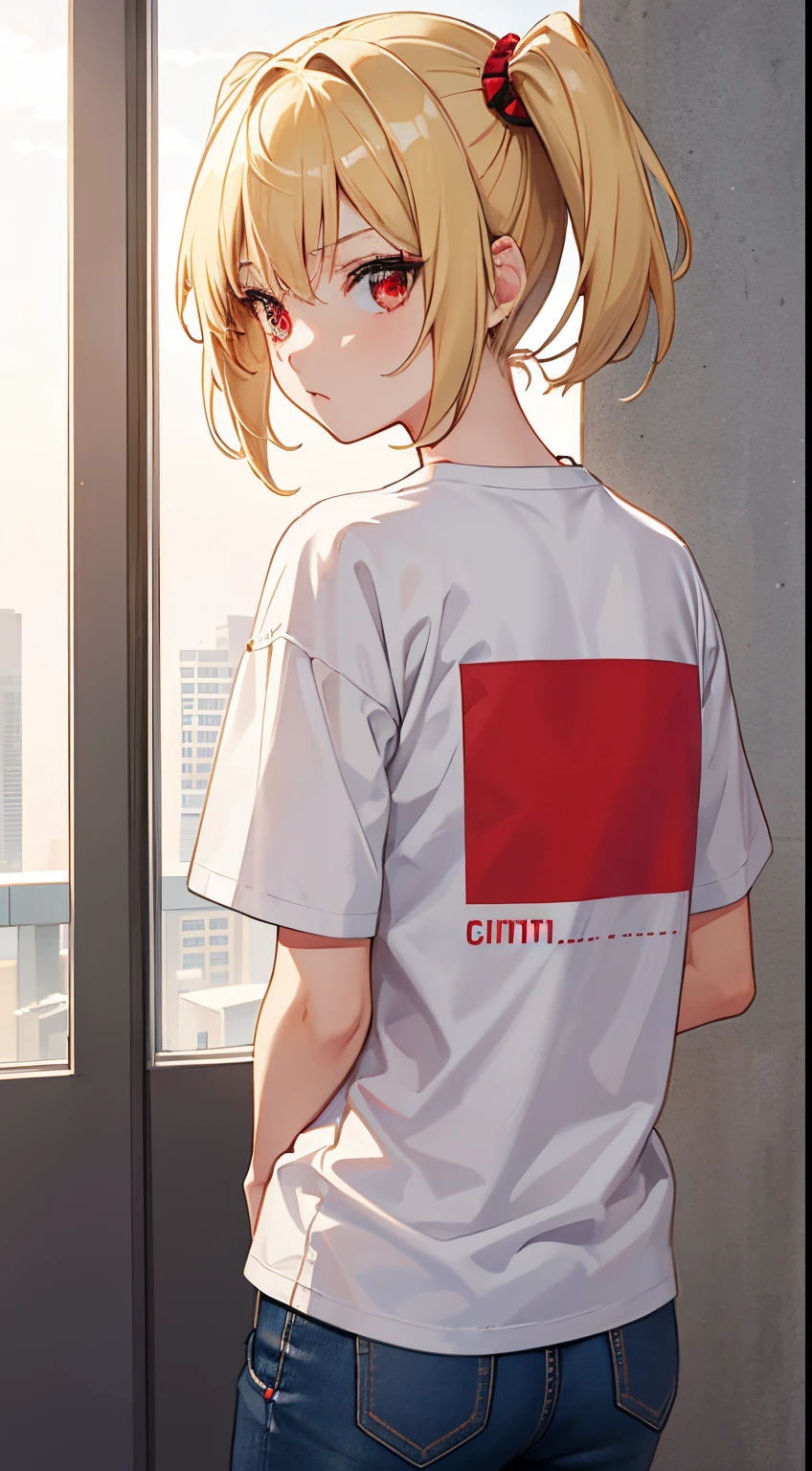 Girl, blonde hair, twintail short hair, red eyes, white t-shirt, short jeans, high quality, city