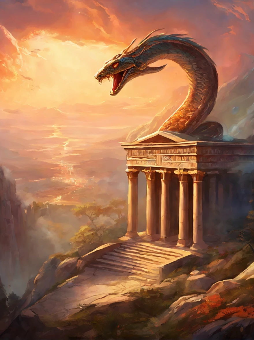A giant snake on a greek temple on top of a mountain