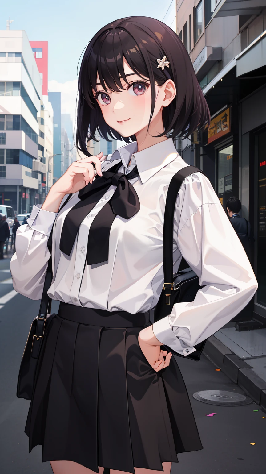 1girl in、imagem 4k、A smile、The shirt、Blouse、（paler）skirt by the、（small tits）Chilarism、movement、