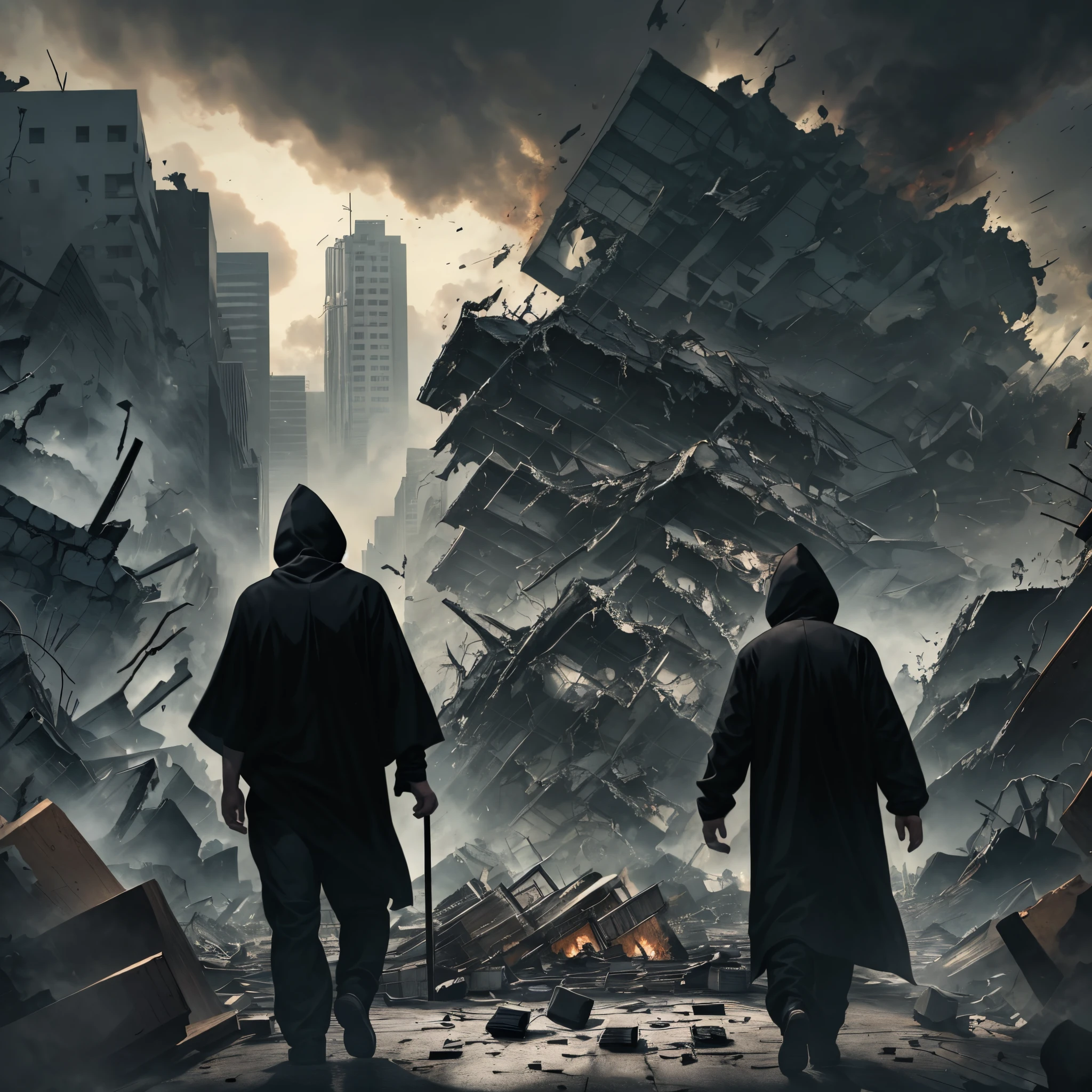 Two men walking around wearing black hoods in a scene of destruction and chaos