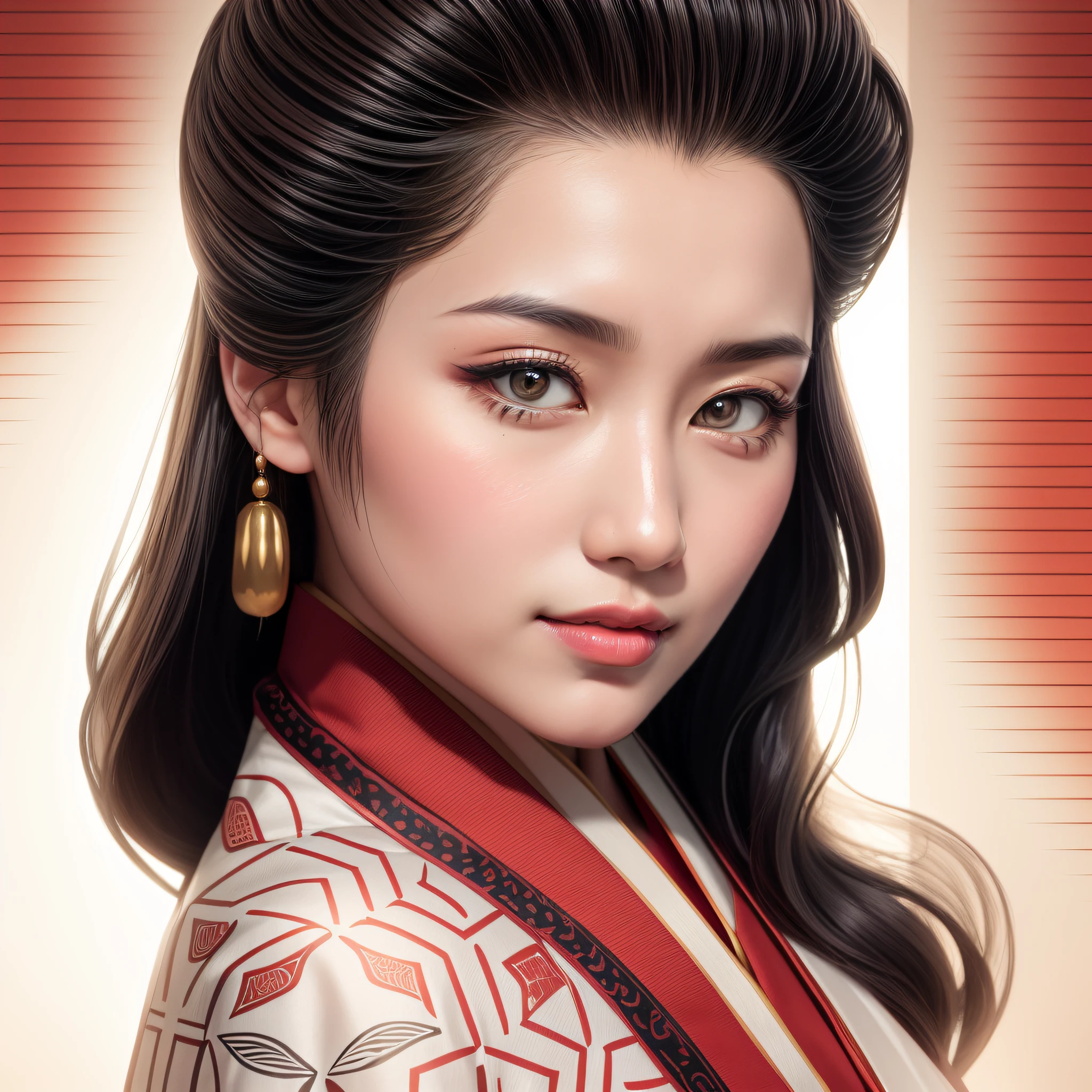 image of a gueisha, with a red and white dress, portrait of a beautiful geisha, portrait of mulan, detailed face of a asian girl, portrait of geisha, in style of  realistic digital illustration, elegant japanese woman, beautiful oriental woman, portrait of a geisha, portrait of a japanese girl, portrait of female korean idol, female geisha girl.