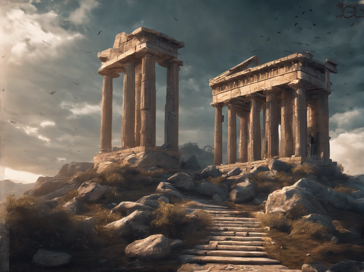 (best quality,4k,8k,highres,masterpiece:1.2),ultra-detailed,(realistic,photorealistic,photo-realistic:1.37),giant snake,greek temple,mountain,top of the mountain,ancient,ruins,serpent,mythical creature,stone sculpture,foreboding atmosphere,dramatic lighting,ominous shadows,majestic,grandiose,dilapidated,strained stone,stark contrast,dark colors,striking,imposing presence,mysterious,ancient civilization,mythology,awe-inspiring,monumental,legendary,ancient columns,impressive architecture,sinuous curves,weathered stonework,twisted sculptures,serpentine patterns,ominous stone statues,tower in the background,legendary creature,Greek mythology,ruined civilization,overgrown vegetation,ancient secrets,echoes of the past,atop the temple,giant stone steps,solemnity