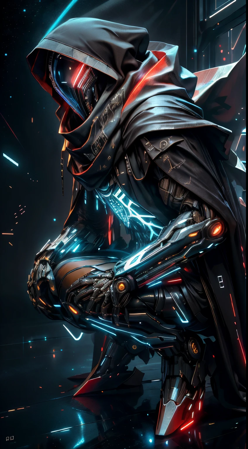 Realistic, shiny, reflective, bioluminescent, galactic cybernetic mask, mecha, (assassin: 1.2), ((scarf, long cloak))), SH4G0D, GlowingRunes_red, full body, sideways, cinnamon, dark background, starry sky, big moon, backlight, high contrast,