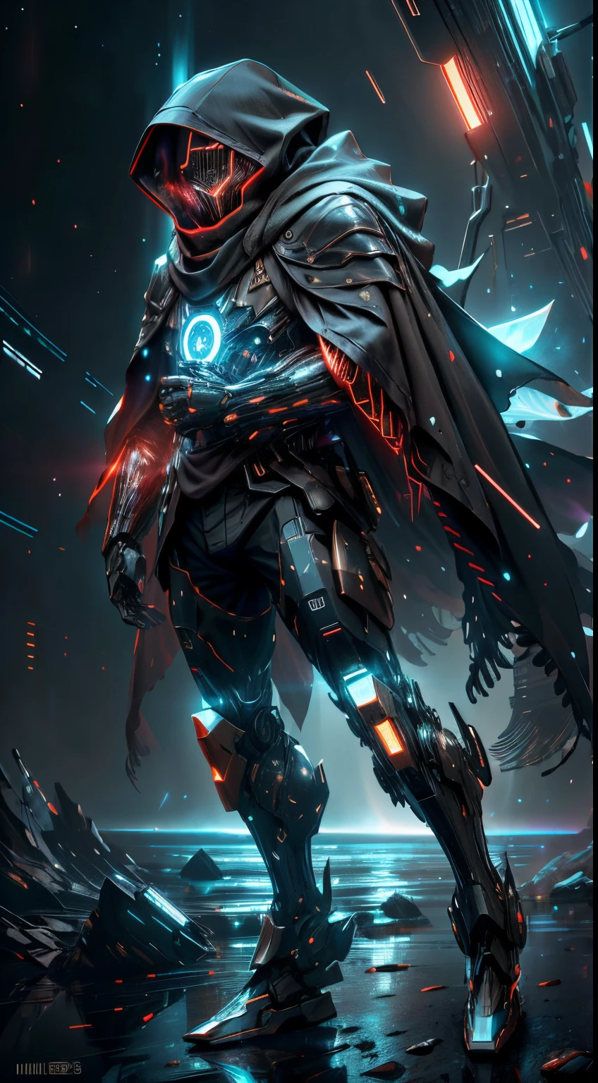 Realistic, shiny, reflective, bioluminescent, galactic cybernetic mask, mecha, (assassin: 1.2), ((scarf, long cloak))), SH4G0D, GlowingRunes_red, full body, sideways, cinnamon, dark background, starry sky, big moon, backlight, high contrast,