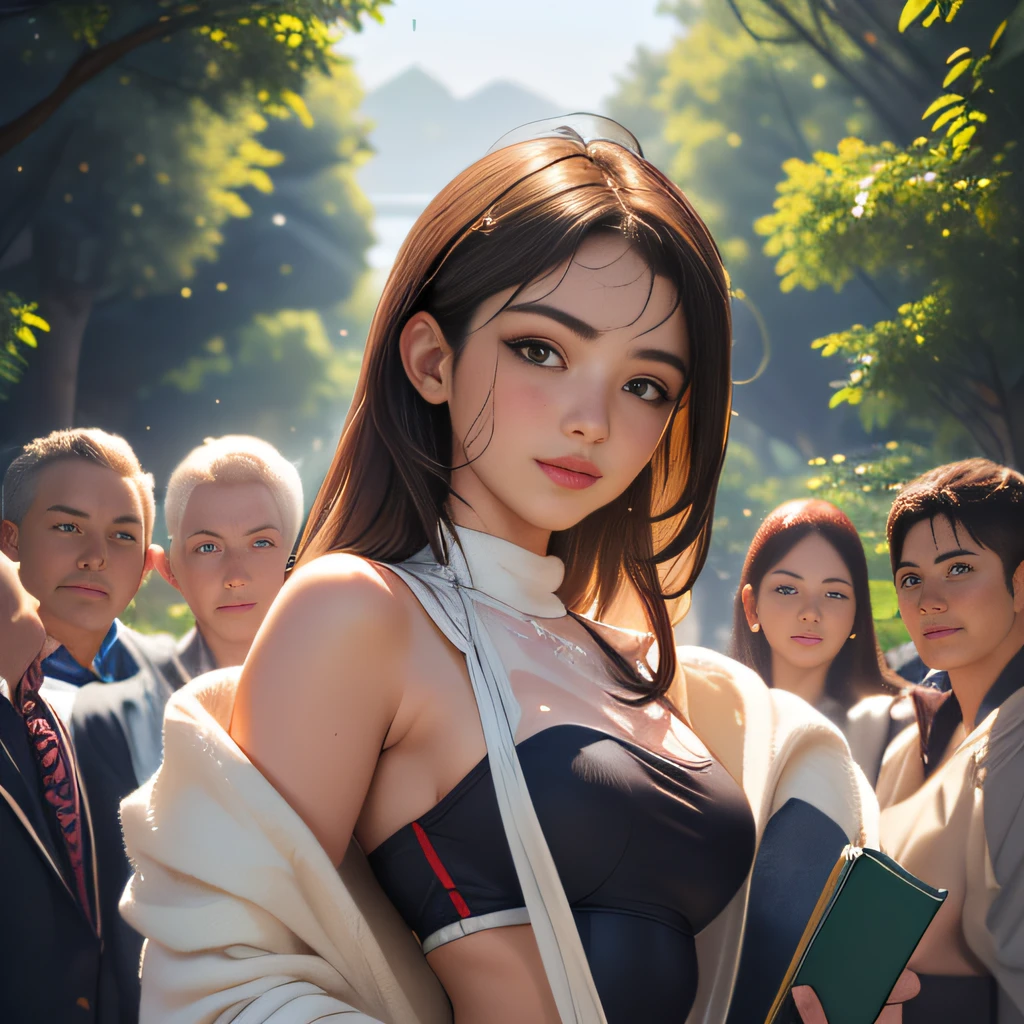 sfw, (Extremely detailed 8k wallpaper:2), (photo:2), (soigne Beautiful girl:2), (gives a lecture to friends:2), detailed (Face and eyes), (hyper realistic:1), (highly detailed:1), (epic realistic:1), rim light, (maximum details:1), cozy, (fullbody:1.3), (looking at viewer:2), (Woman's Attractive Qualities:2), (Attractive Woman:2), (Attractive:2), Smile, Intelligence, Empathy, Gracefulness, Sense of Style, Fitness, Grooming, Optimism, (Sensitivity:2), Sincerity, Romantic Gestures, Playfulness, Fashion Sense, (Sensuality:2), Charm, Modesty, Thoughtfulness, (Femininity:1), Flirtatiousness, Warmth, (Physical attractiveness:2), A beautiful smile, A love of life, strength and power, vulnerability, curiosity, wonder, love, (nature background:2), kawaii, waifu, Beautiful breasts, (attractive body:2), (Beautiful body:2), Beautiful pose, attractive pose, (Beautiful legs:1.0), (spread legs:1.0), (Beautiful clothes:1), (classic clothes:2), (elegant clothes:2), (European clothes:2), detailed clothes, (skirt:1), (blouse:1), (provocative pose)