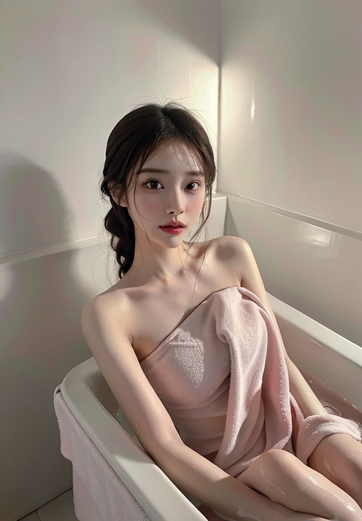 highest image quality, Outstanding detail, ultra-high resolution, (Realism: 1.4), ((Up Close:1.3, View viewer)), best illustration, Favor Details, 1girl shrink high,Delicate and beautiful face,(bathing,Posture of wrapping with a thin towel after bathing,I'm all wet.:1.4,Woman bathing drenched and naked:1.4),Pink bathroom,Pink Wall,Pink bathtub,