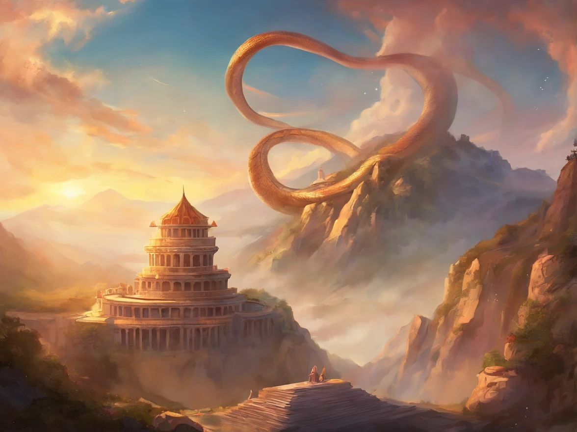 A giant snake on a greek temple on top of a mountain