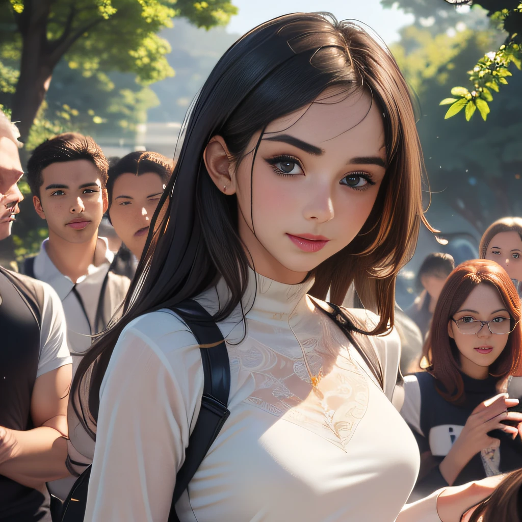 sfw, (Extremely detailed 8k wallpaper:2), (photo:2), (soigne Beautiful girl:2), (gives a lecture to friends:2), detailed (Face and eyes), (hyper realistic:1), (highly detailed:1), (epic realistic:1), rim light, (maximum details:1), cozy, (fullbody:1.3), (looking at viewer:2), (Woman's Attractive Qualities:2), (Attractive Woman:2), (Attractive:2), Smile, Intelligence, Empathy, Gracefulness, Sense of Style, Fitness, Grooming, Optimism, (Sensitivity:2), Sincerity, Romantic Gestures, Playfulness, Fashion Sense, (Sensuality:2), Charm, Modesty, Thoughtfulness, (Femininity:1), Flirtatiousness, Warmth, (Physical attractiveness:2), A beautiful smile, A love of life, strength and power, vulnerability, curiosity, wonder, love, (nature background:2), kawaii, waifu, Beautiful breasts, (attractive body:2), (Beautiful body:2), Beautiful pose, attractive pose, (Beautiful legs:1.0), (spread legs:1.0), (Beautiful clothes:1), (classic clothes:2), (elegant clothes:2), (European clothes:2), detailed clothes, (skirt:1), (blouse:1), (provocative pose)