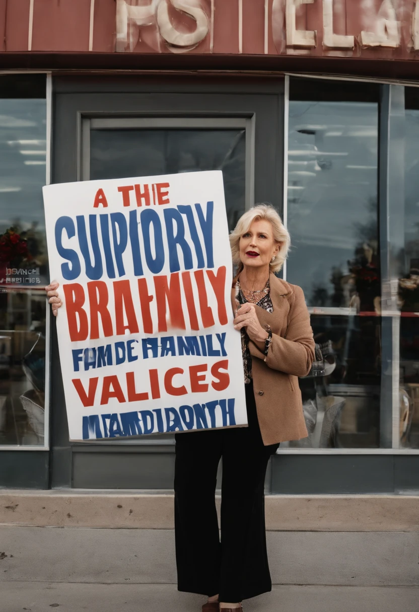 A photo of Karen leading a boycott against a local store that sells inappropriate merchandise. She is standing outside the store holding a sign that says 'Support Family Values'.,original,Bleach blonde Karen haircut. Middle aged white woman with a pinched look to her face. Slightly maniacal eyes.