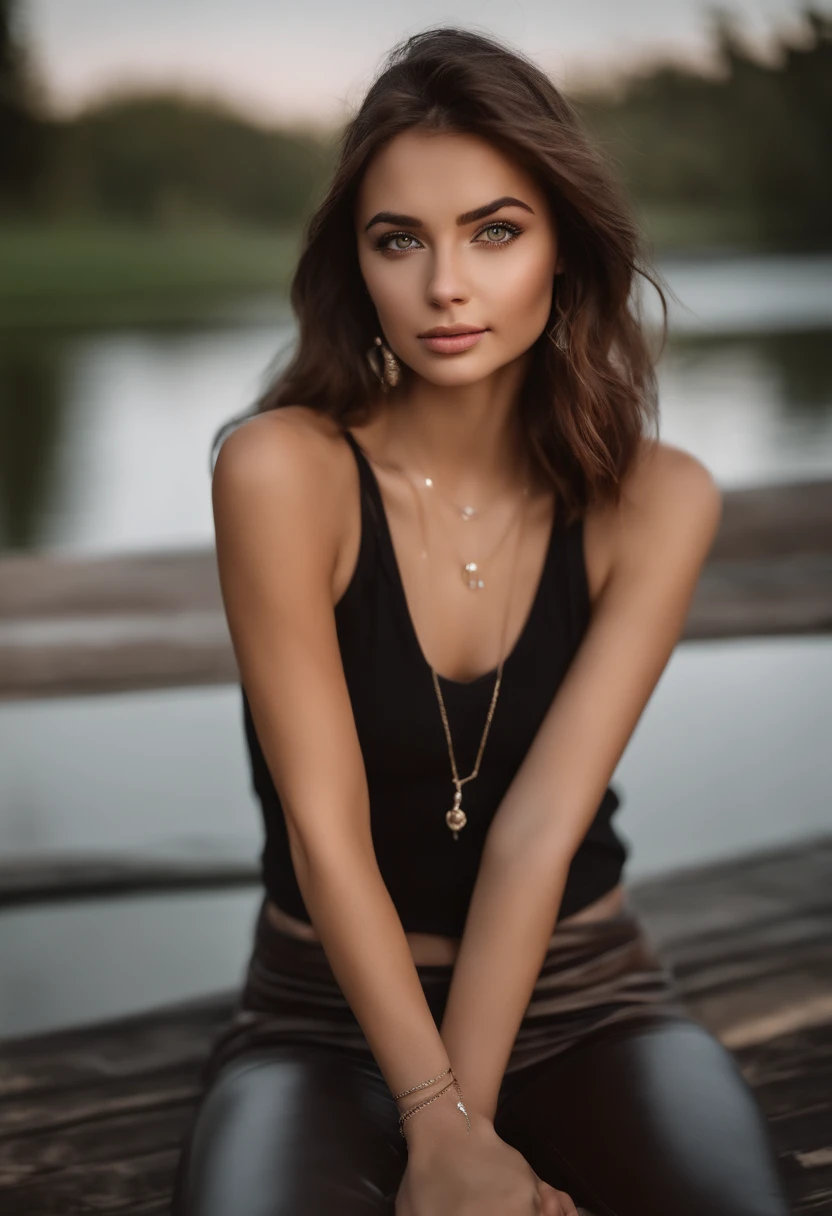 arafed woman with a white tank top and a necklace, sexy girl with green eyes, portrait sophie mudd, brown hair and large eyes, selfie of a young woman, bedroom eyes, violet myers, without makeup, natural makeup, looking directly at the camera, face with artgram, subtle makeup, stunning full body shot, piercing green eyes, beautiful angle, attractive pose, cute girl, sexy pose, full body picture, full body, full body shoot, brunette goddess, high detail, satisfied pose, leather pants, smile