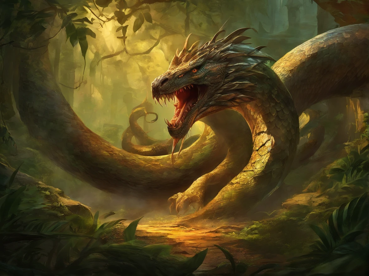a giant snake,serpentine,coiling body,scales glimmering,sharp fangs,menacing eyes,long forked tongue,slithering through the jungle,thick and powerful,intimidating presence,dark and dangerous atmosphere,twisting and turning,majestic creature,lurking in the shadows,scaly skin reflecting sunlight,hissing and hissing,venomous bite,striking fear into the hearts of all. sinister,mythical creature. greek mythology
