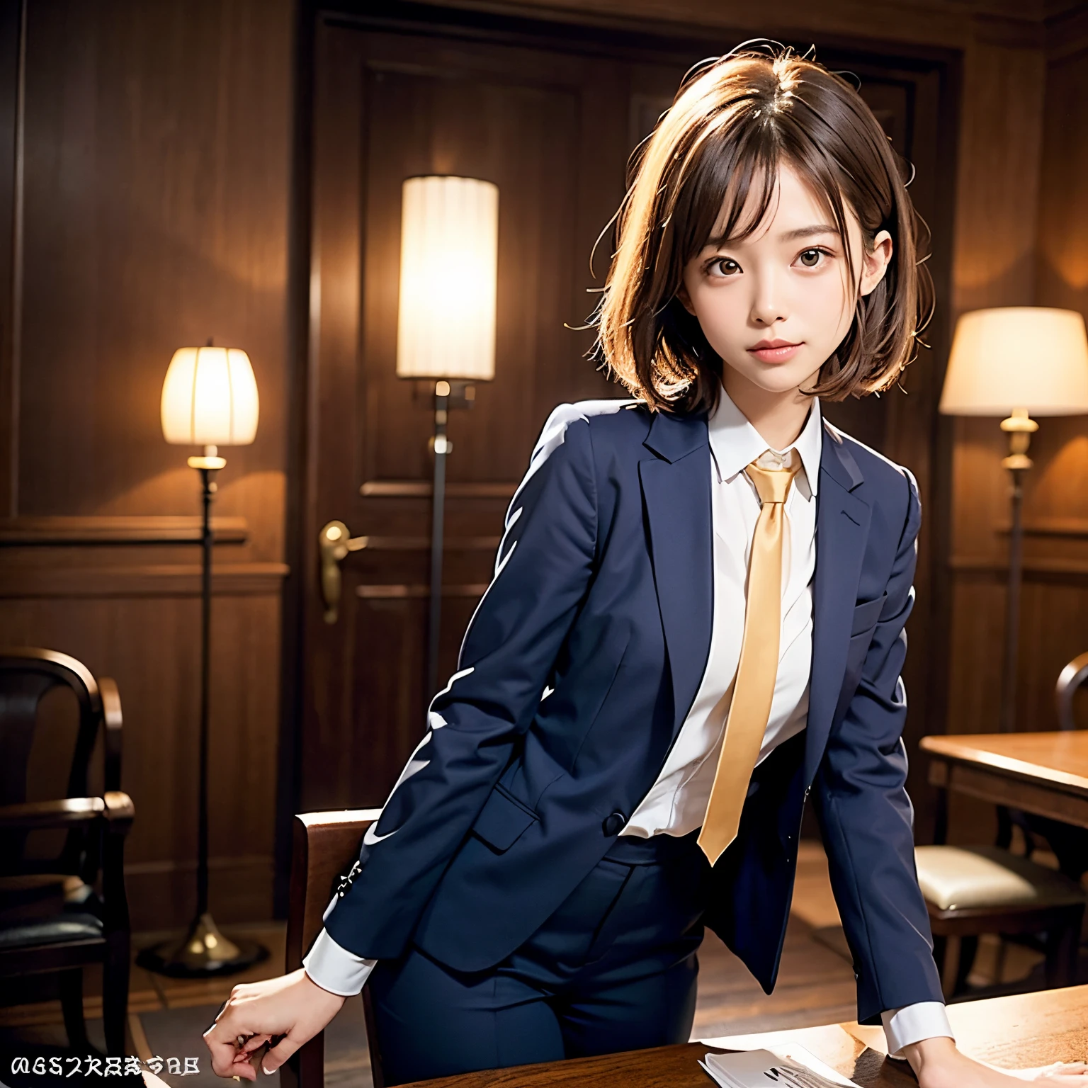 (masutepiece, Best Quality:1.2), 8K, Official art, Full body photo, full body Esbian、Fashionable background、luxurious backdrop、tie loosens、You can see the chest、hands are on the neck、Cute smile、cute butt、Suits、A dark-haired、14years、small tits、A delightful、A smile、unbelievable Ridiculous, (Upper body, Dark blue suit:Cute Tie 1.4), Beautiful Girl, Pretty Face, arching back down, cute butt、Gold hair ornament on hair、Wearing a cute suit、close up, Wearing a suit, Short sleeve, gardenia, violaceaess, Teen,, Looking at Viewer, Film grain, chromatic abberation, Sharp Focus, face lights, Dynamic lighting, Cinematic lighting, Eyes and faces with detailed, Bokeh background, (Tie with Emma written on it、1 copy:1.2)