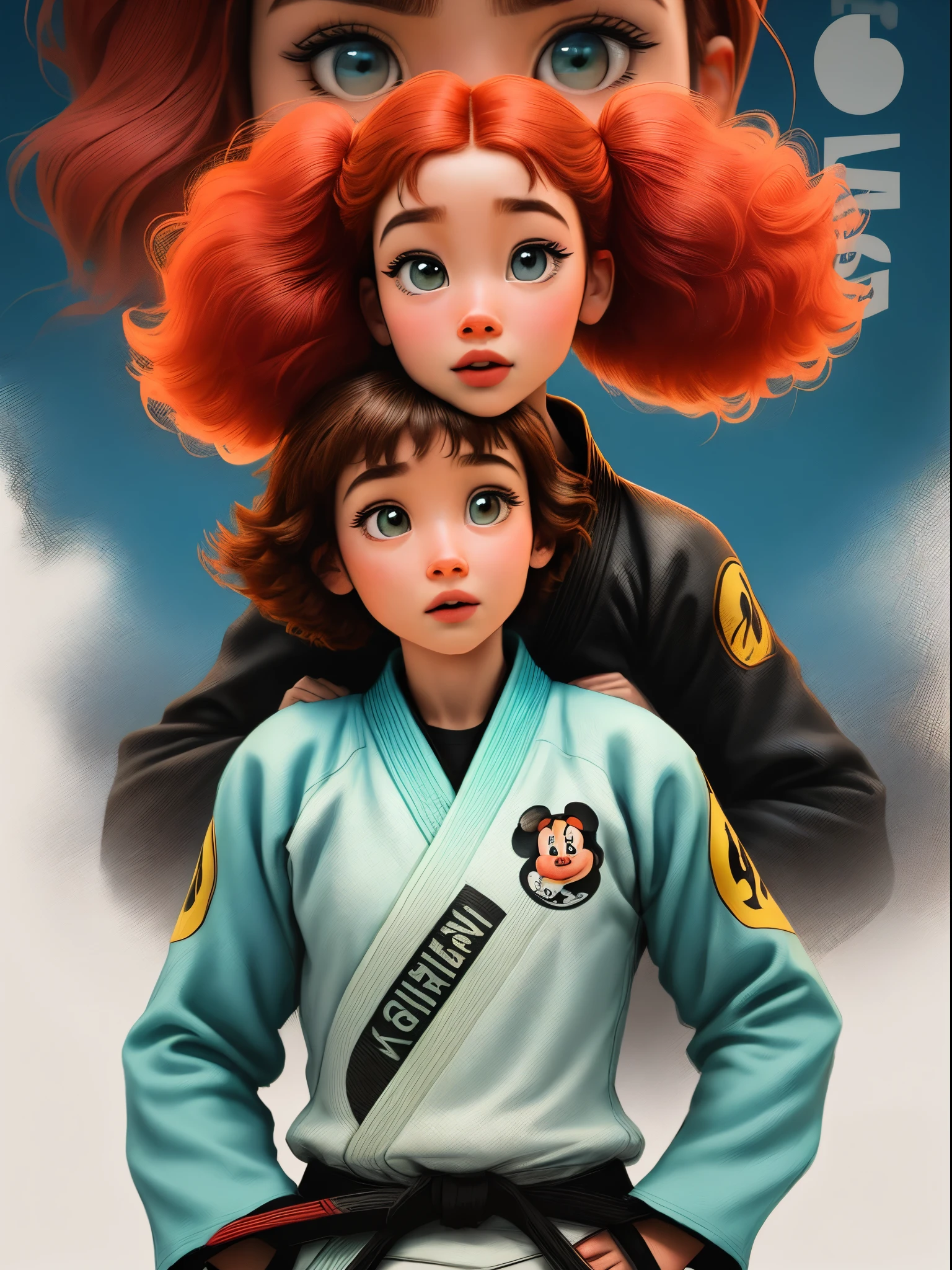 Poster de filme disney pixar menina lutadora de jiu-jitsu.
Menina de 9 anos, Cabelo castanho com dois coques com mechas vermelhas nos coques, olhos castanhos, faixa cinza