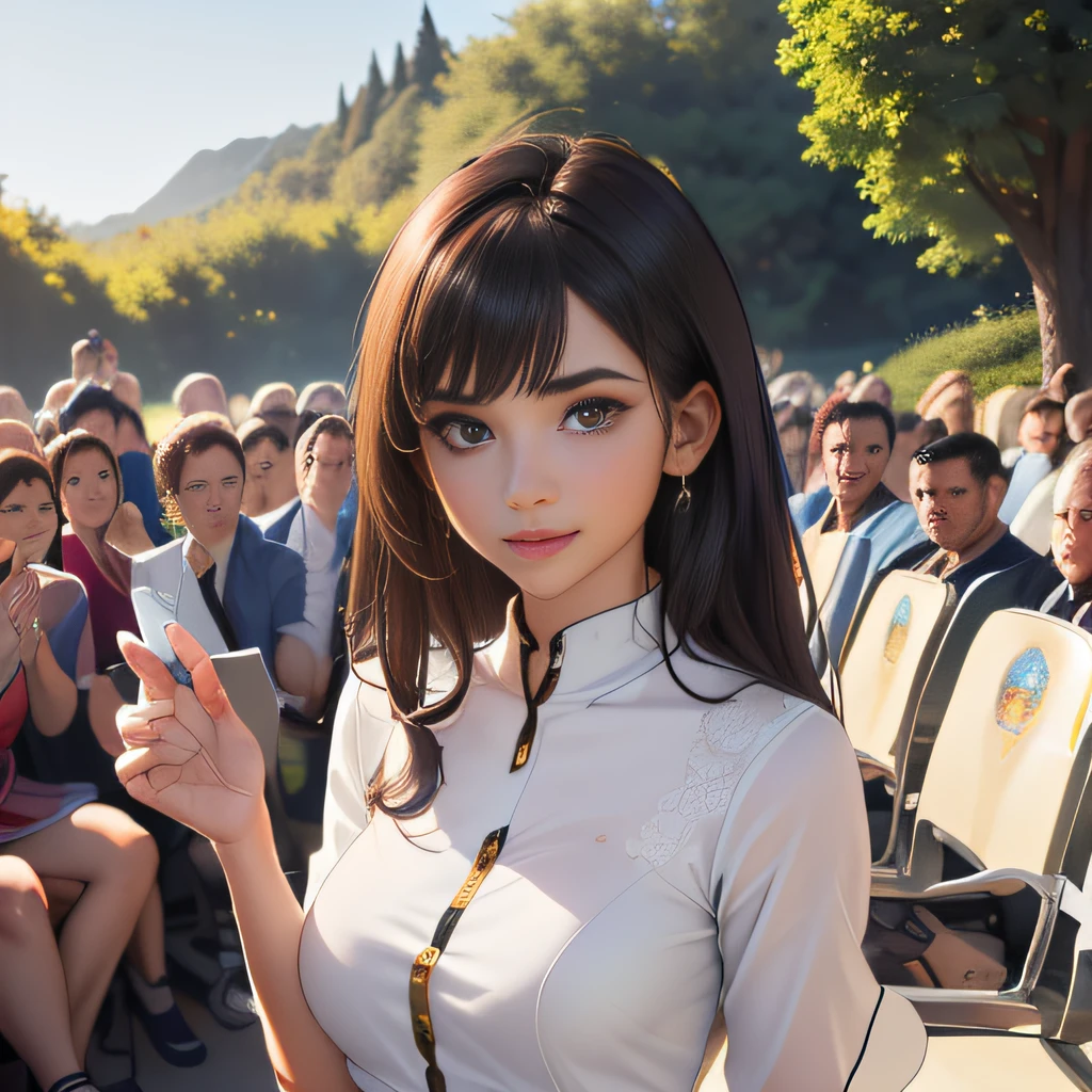 sfw, (Extremely detailed 8k wallpaper:2), (photo:2), (soigne Beautiful girl:2), (gives a lecture to friends:2), detailed (Face and eyes), (hyper realistic:1), (highly detailed:1), (epic realistic:1), rim light, (maximum details:1), cozy, (fullbody:1.3), (looking at viewer:2), (Woman's Attractive Qualities:2), (Attractive Woman:2), (Attractive:2), Smile, Intelligence, Empathy, Gracefulness, Sense of Style, Fitness, Grooming, Optimism, (Sensitivity:2), Sincerity, Romantic Gestures, Playfulness, Fashion Sense, (Sensuality:2), Charm, Modesty, Thoughtfulness, (Femininity:1), Flirtatiousness, Warmth, (Physical attractiveness:2), A beautiful smile, A love of life, strength and power, vulnerability, curiosity, wonder, love, (nature background:2), kawaii, waifu, Beautiful breasts, (attractive body:2), (Beautiful body:2), Beautiful pose, attractive pose, (Beautiful legs:1.0), (spread legs:1.0), (Beautiful clothes:1), (classic clothes:2), (elegant clothes:2), (European clothes:2), detailed clothes, (skirt:1), (blouse:1), (provocative pose)