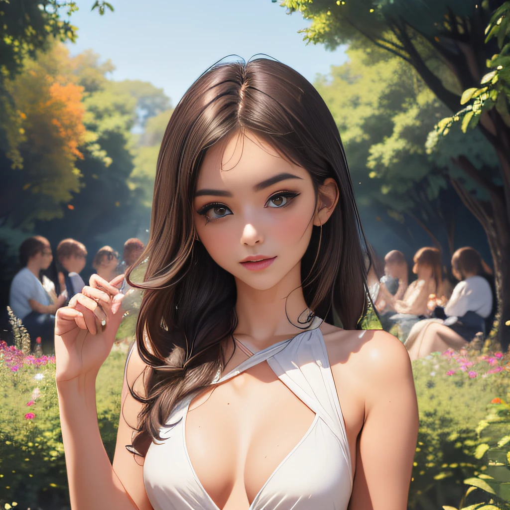 sfw, (Extremely detailed 8k wallpaper:2), (photo:2), (soigne Beautiful girl:2), (gives a lecture to friends:2), detailed (Face and eyes), (hyper realistic:1), (highly detailed:1), (epic realistic:1), rim light, (maximum details:1), cozy, (fullbody:1.3), (looking at viewer:2), (Woman's Attractive Qualities:2), (Attractive Woman:2), (Attractive:2), Smile, Intelligence, Empathy, Gracefulness, Sense of Style, Fitness, Grooming, Optimism, (Sensitivity:2), Sincerity, Romantic Gestures, Playfulness, Fashion Sense, (Sensuality:2), Charm, Modesty, Thoughtfulness, (Femininity:1), Flirtatiousness, Warmth, (Physical attractiveness:2), A beautiful smile, A love of life, strength and power, vulnerability, curiosity, wonder, love, (nature background:2), kawaii, waifu, Beautiful breasts, (attractive body:2), (Beautiful body:2), Beautiful pose, attractive pose, (Beautiful legs:1.0), (spread legs:1.0), (Beautiful clothes:1), (classic clothes:2), (elegant clothes:2), (European clothes:2), detailed clothes, (skirt:1), (blouse:1), (provocative pose)