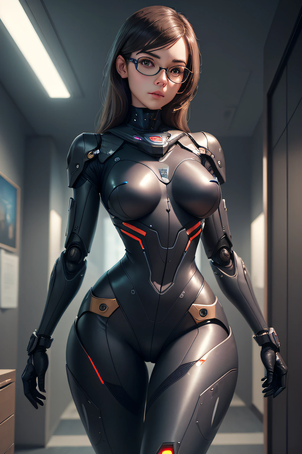 A female spy robot that sneaks into offices at night.　wears glasses　Mechanical arm　Mechanical legs　Mechanical Body　Looking for the desired material, UHD, retina, masterpiece, ccurate, anatomically correct, textured skin, super detail, high details, high quality, best quality, highres
