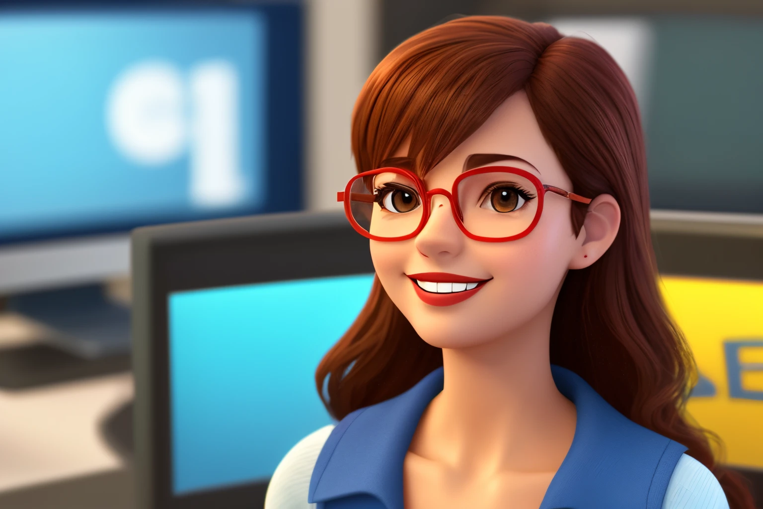 Pixar style image with 3D character brown glasses brunette woman long curly brown hair with light highlights working in the office, Maquiagem Disney,Pescador, bonitinho, sorridente ,Close-up, Pixar, Disney, Cinema lighting,